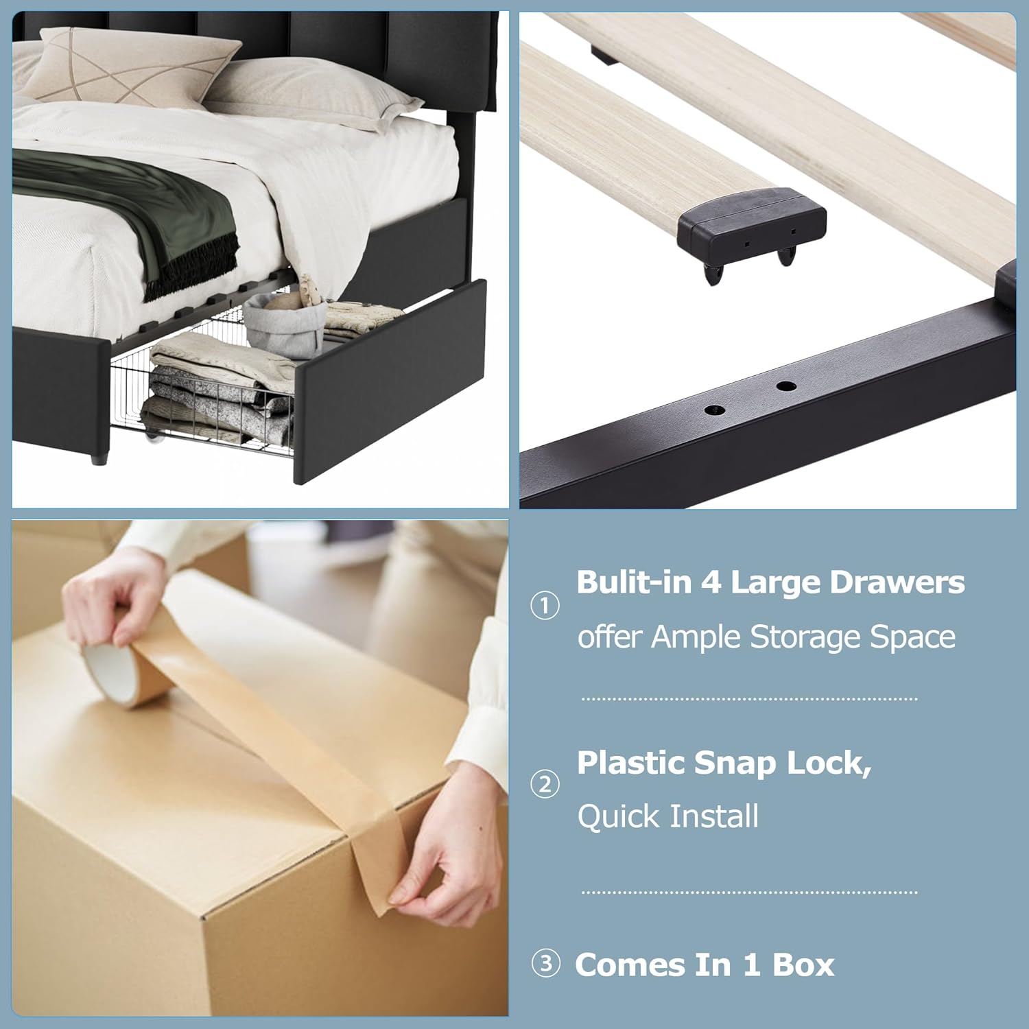 VECELO Upholstered Bed Frame with 4 Storage Drawers and Adjustable Velvet Headboard