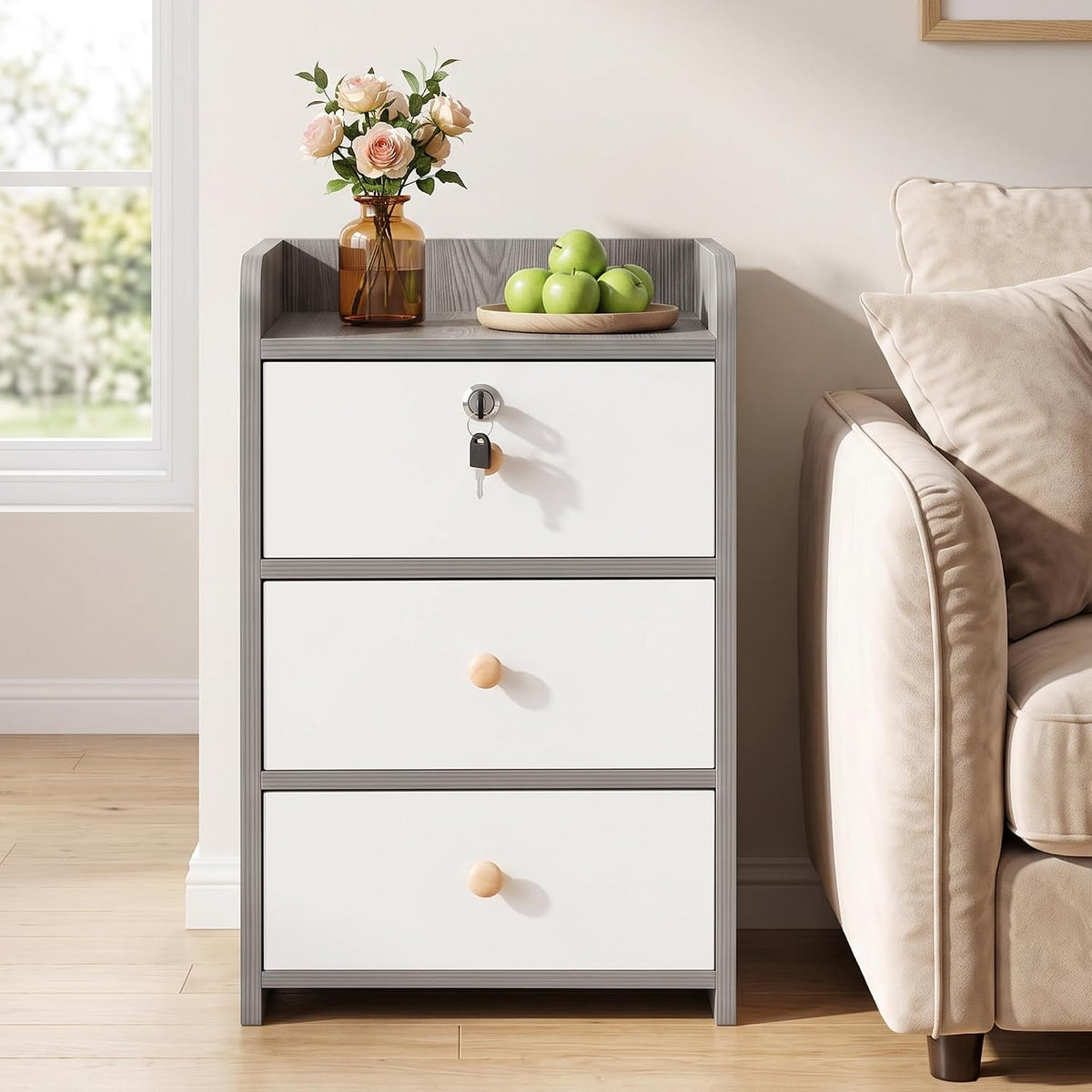 VECELO Nightstand with 3 Drawers Farmhouse End Table with Storage  Bedside Night Stand for Bedroom  Living Room