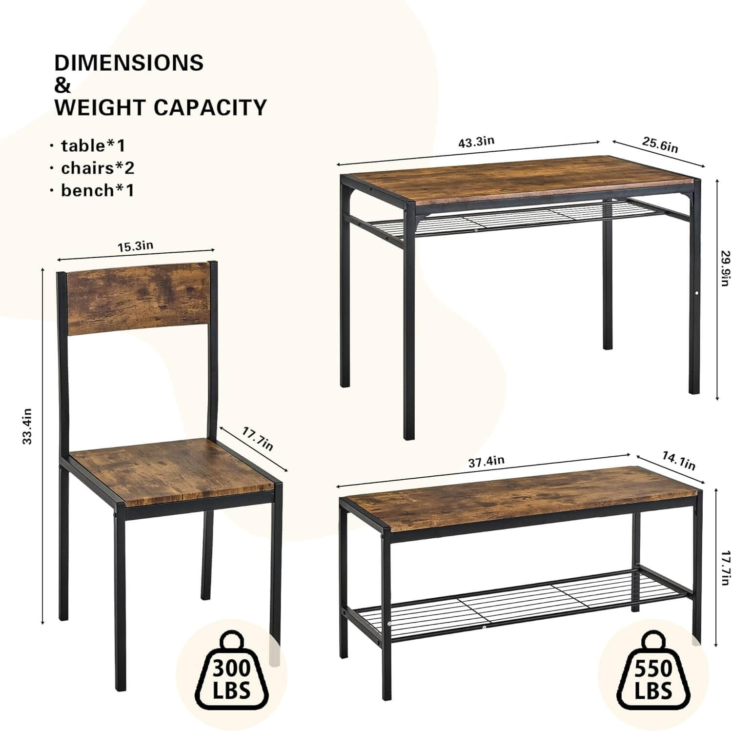 Dimensions of VECELO 4-piece kitchen dining set with a table, 2 chairs, and storage bench, showcasing weight capacity.
