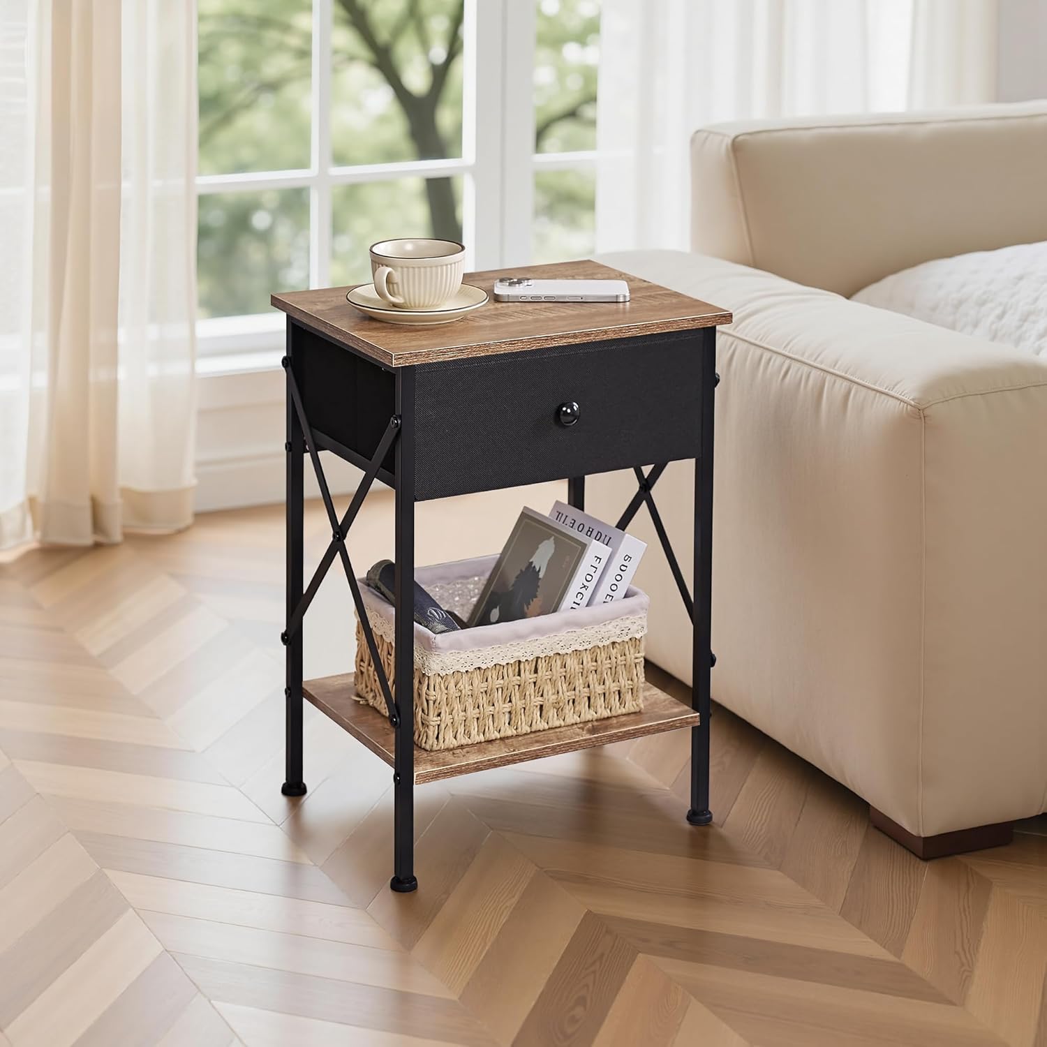 VECELO Nightstand Set of 2, X-Design End Side Table with Fabric Storage Drawer and Open Shelf