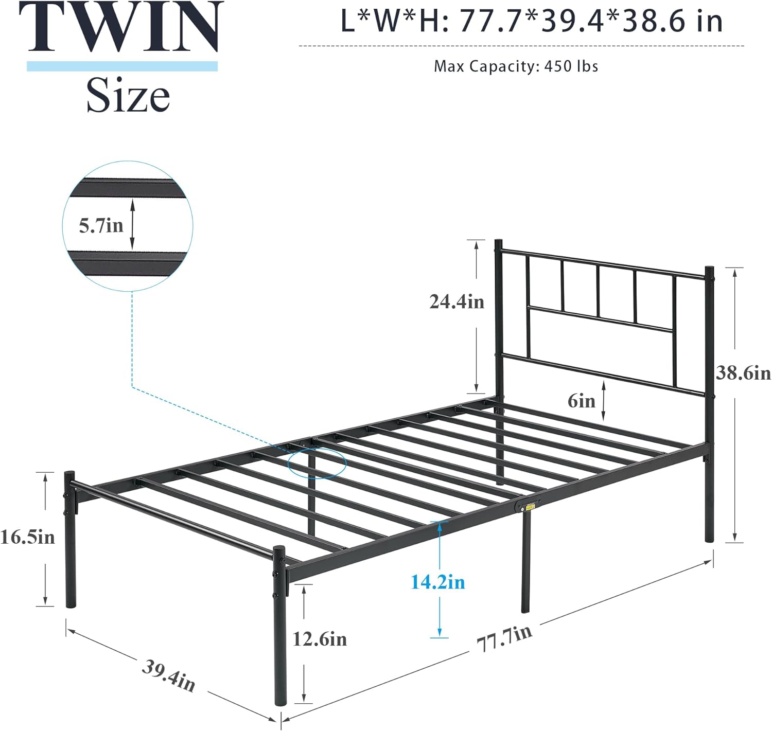 VECELO Bed Frame, 14 Inch Metal Platform with Headboard, Heavy Duty Steel Slat Support - VECELO