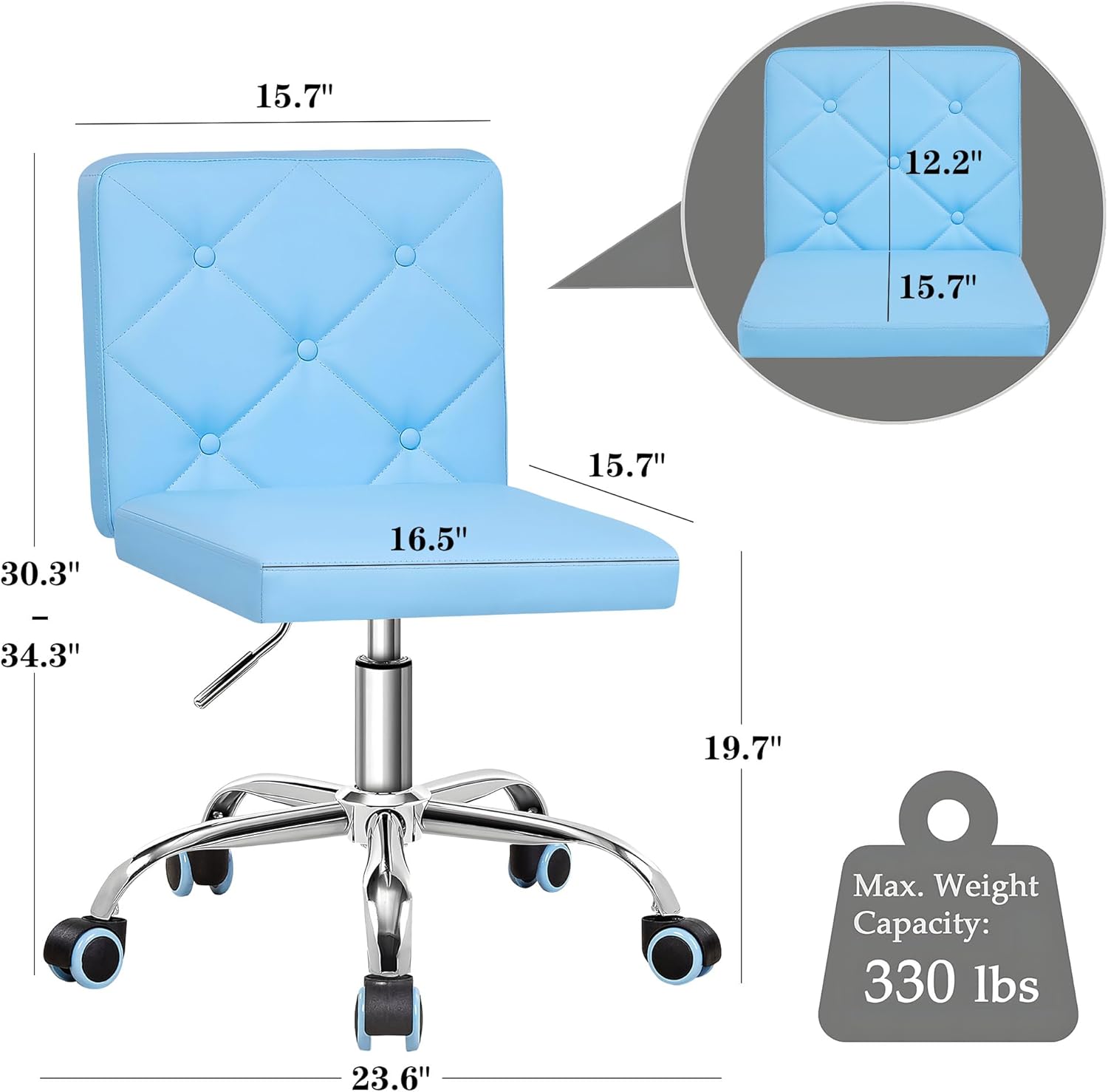 VECELO PU Leather Mid-Back Armless Vanity Chair Adjustable Height 360° Rolling Swivel for Home Office Work