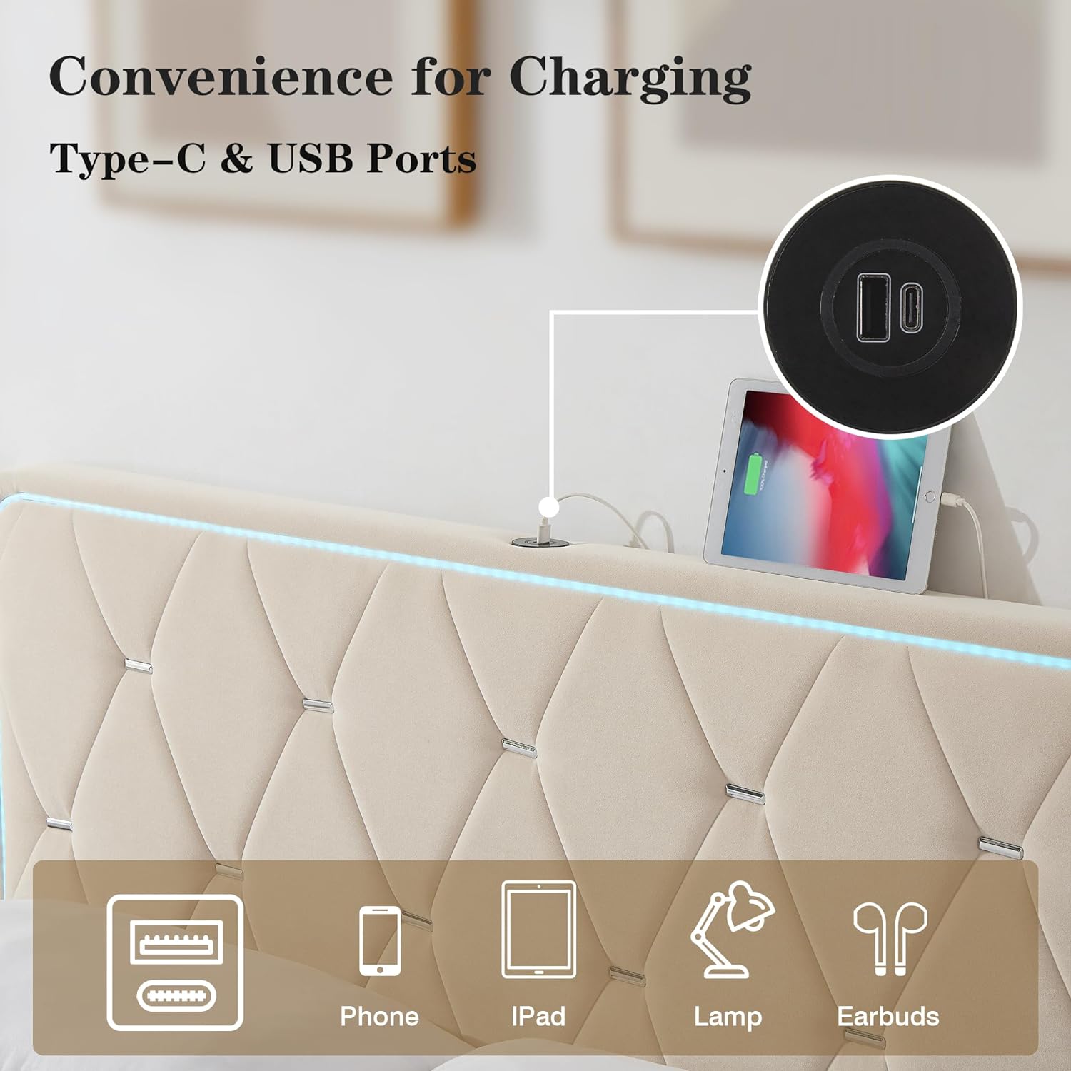 VECELO Upholstered Bed Frame with LED Lights, Charging Station, Velvet Platform Bed