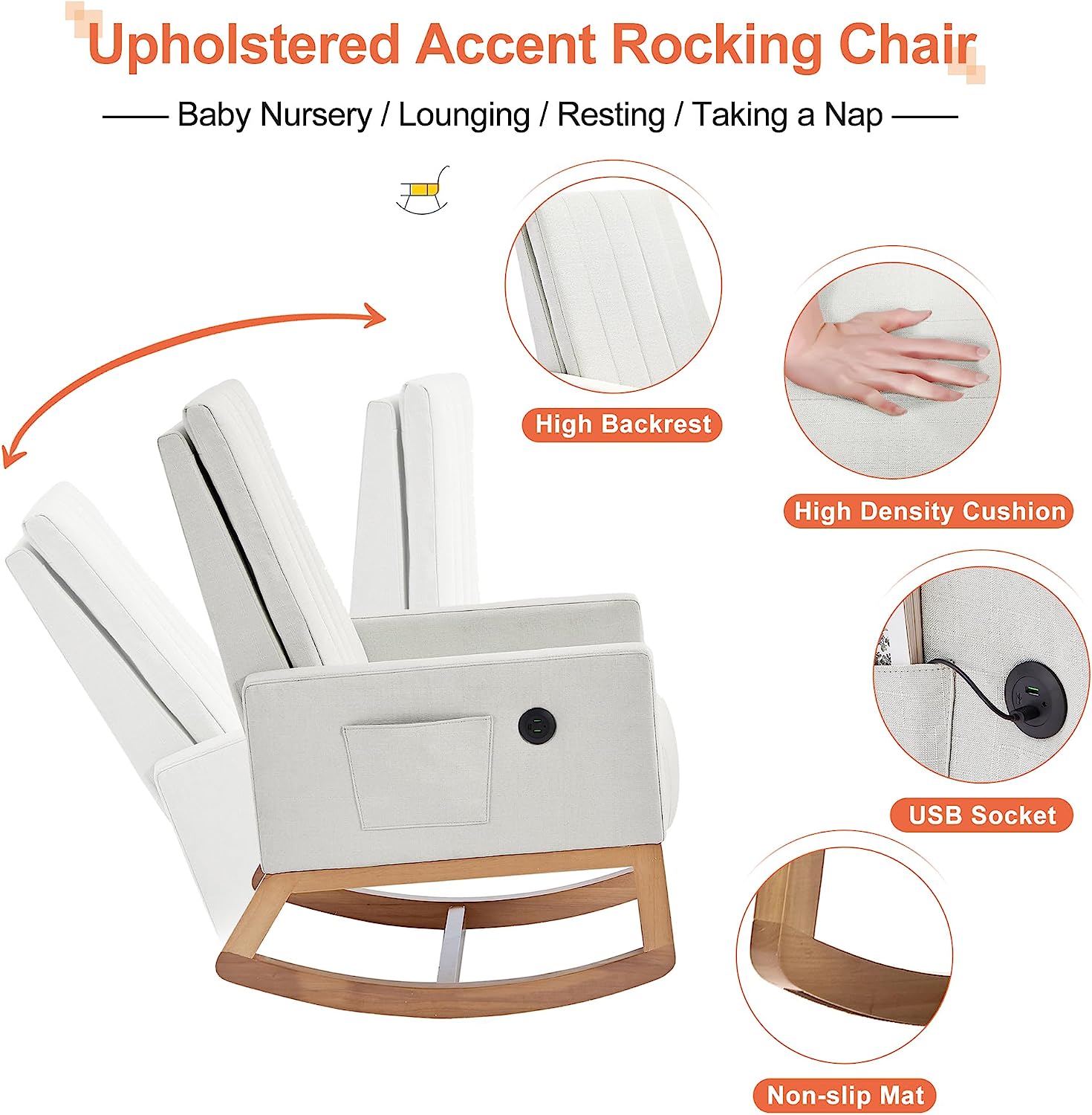 VECELO Rocking Chair Upholstered Nursery Glider Rocker High Backrest Comfy Armchair with Side Pocket and USB Port - VECELO