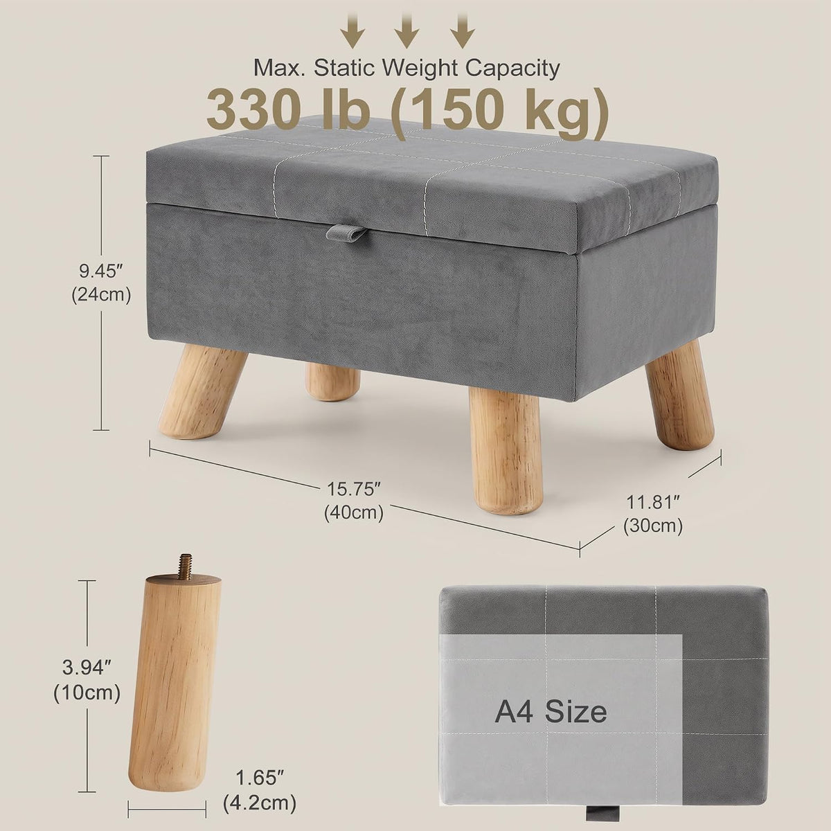 VECELO Storage Ottoman Under Desk  Small Foot Stool with Wood Legs