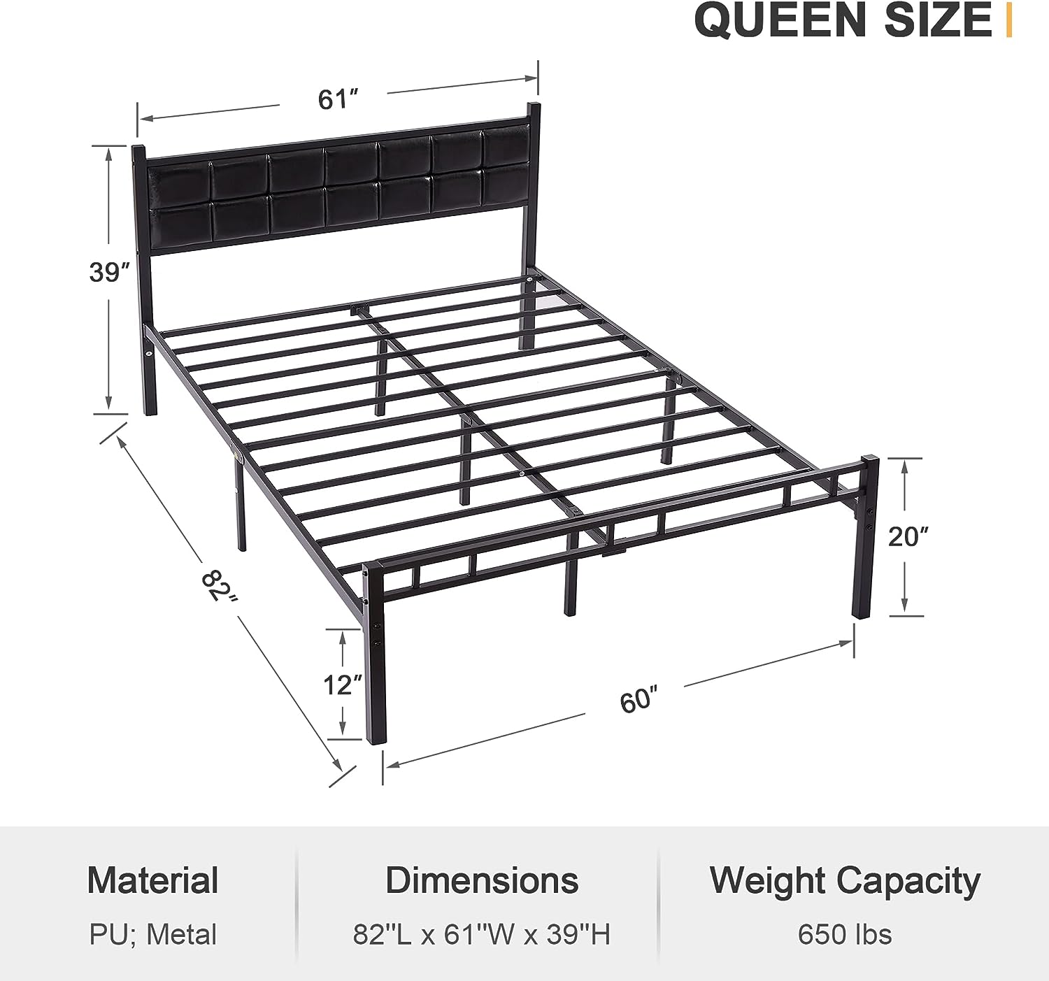 VECELO Bed Frame with PU Upholstered Headboard Metal Slats Support, No Box Spring Needed - VECELO
