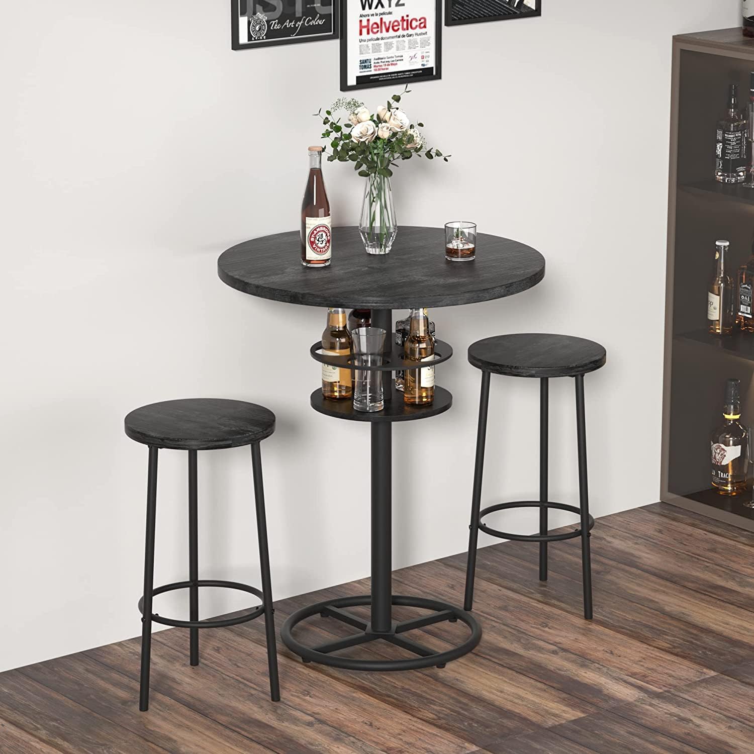 VECELO 3 Piece Bar Table Set, Small 2-Tier Round Pub Table with Barstools - VECELO