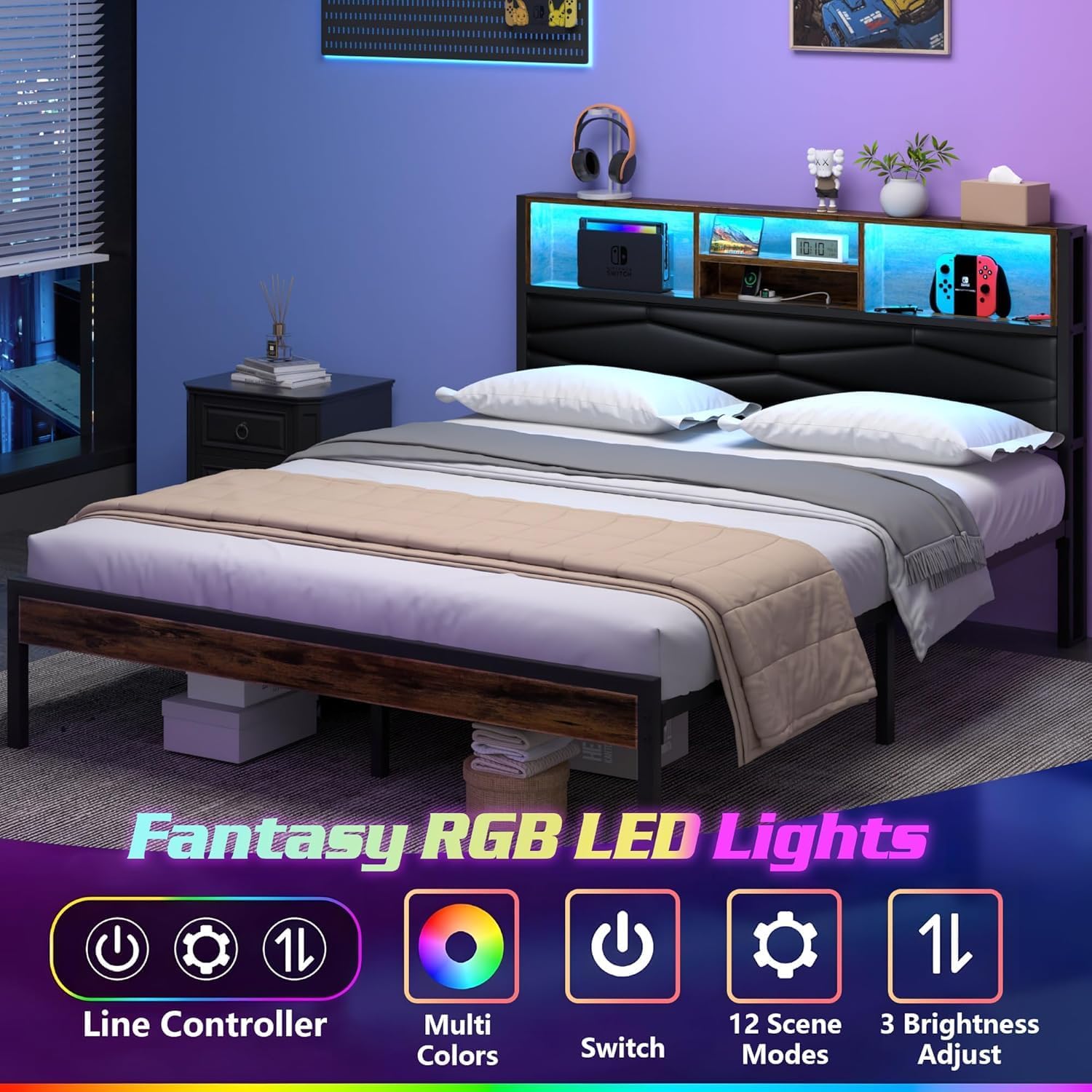 VECELO Bed Frame with 2-Tier Storage Headboard and Charging Station