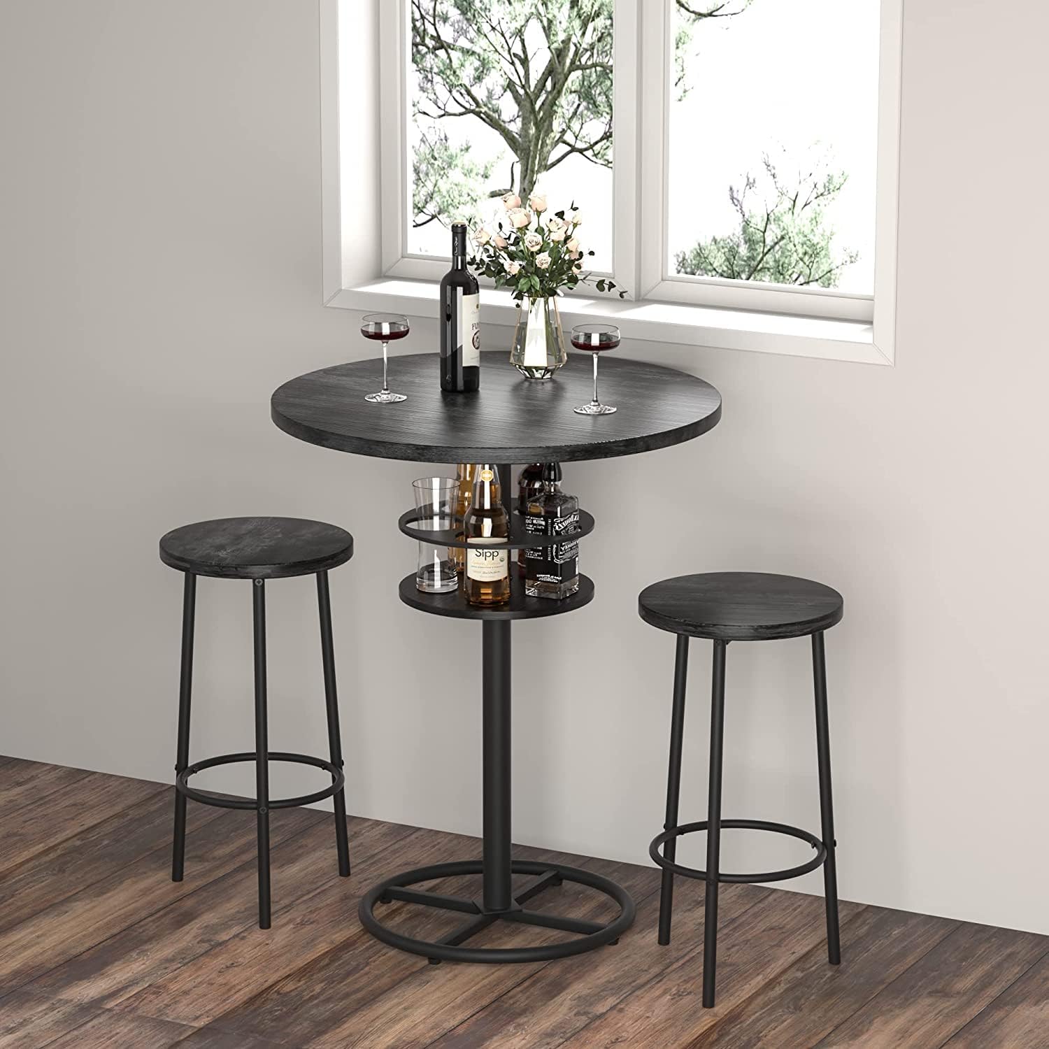 VECELO 3 Piece Bar Table Set, Small 2-Tier Round Pub Table with Barstools - VECELO