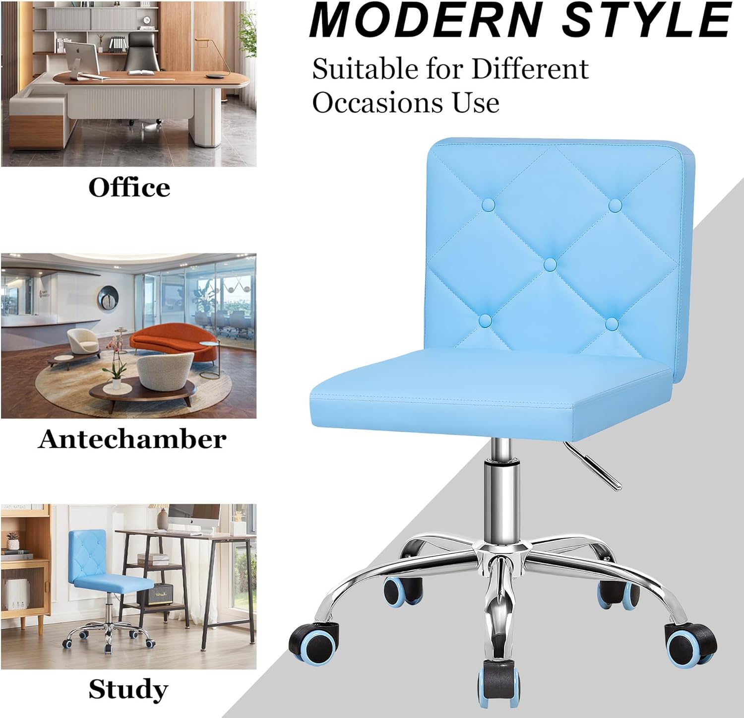 VECELO PU Leather Mid-Back Armless Vanity Chair Adjustable Height 360° Rolling Swivel for Home Office Work