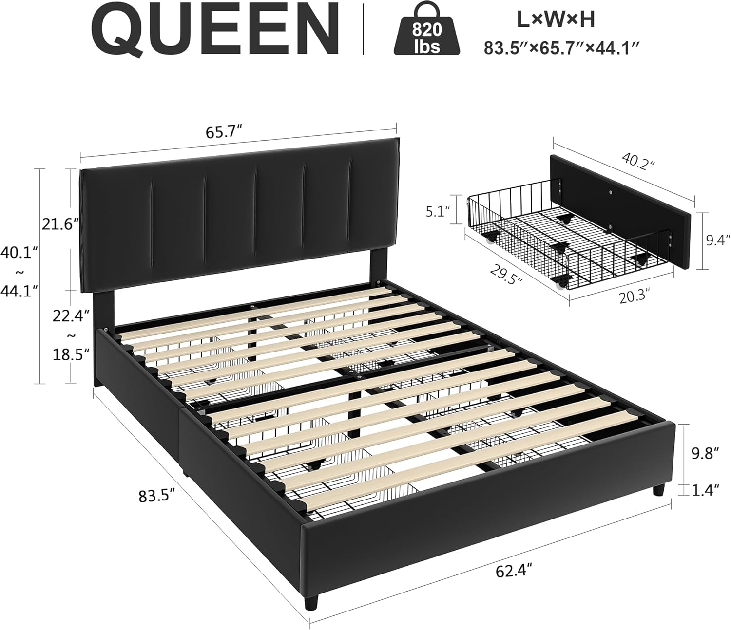 VECELO Upholstered Bed Frame with 4 Storage Drawers and Adjustable Velvet Headboard