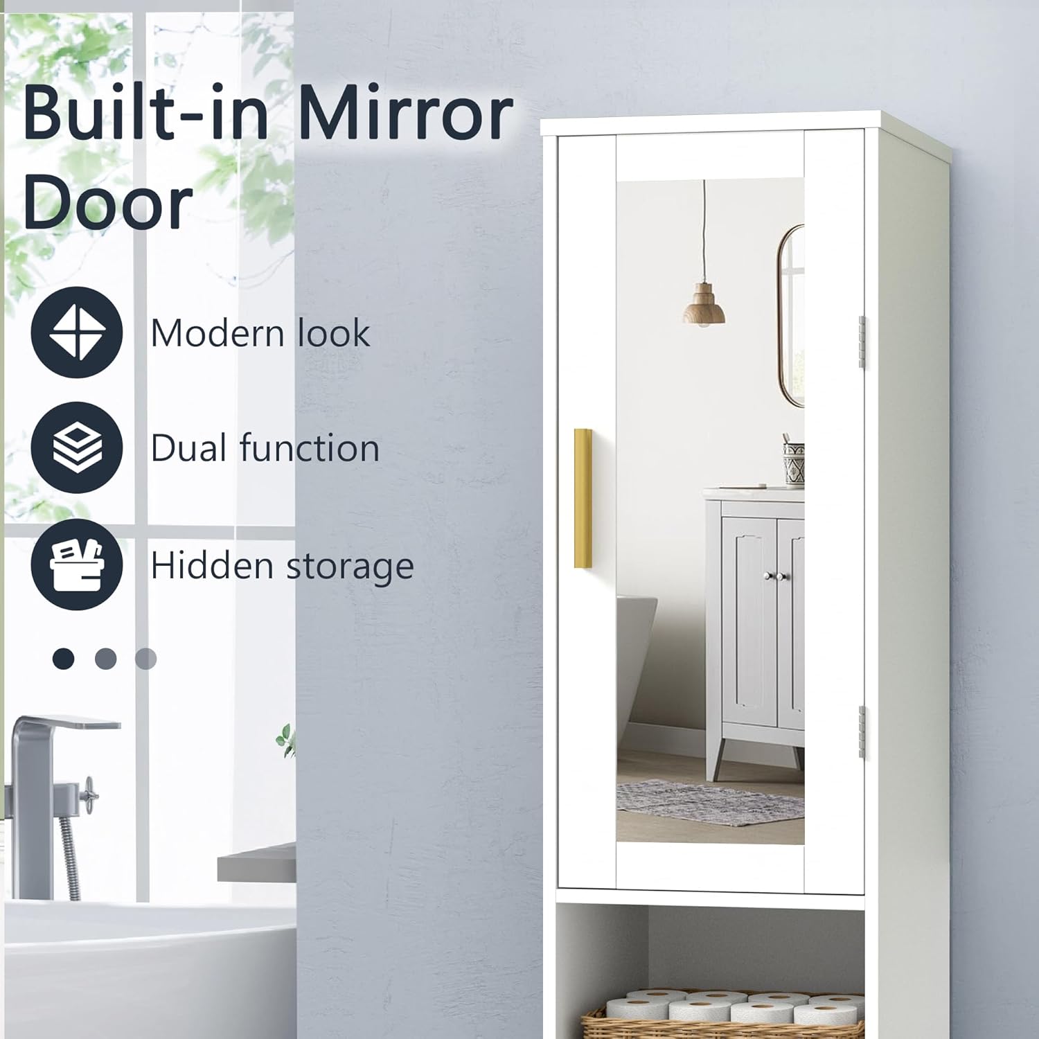 VECELO Tall Bathroom Storage Cabinet with Mirror and Hidden Basket