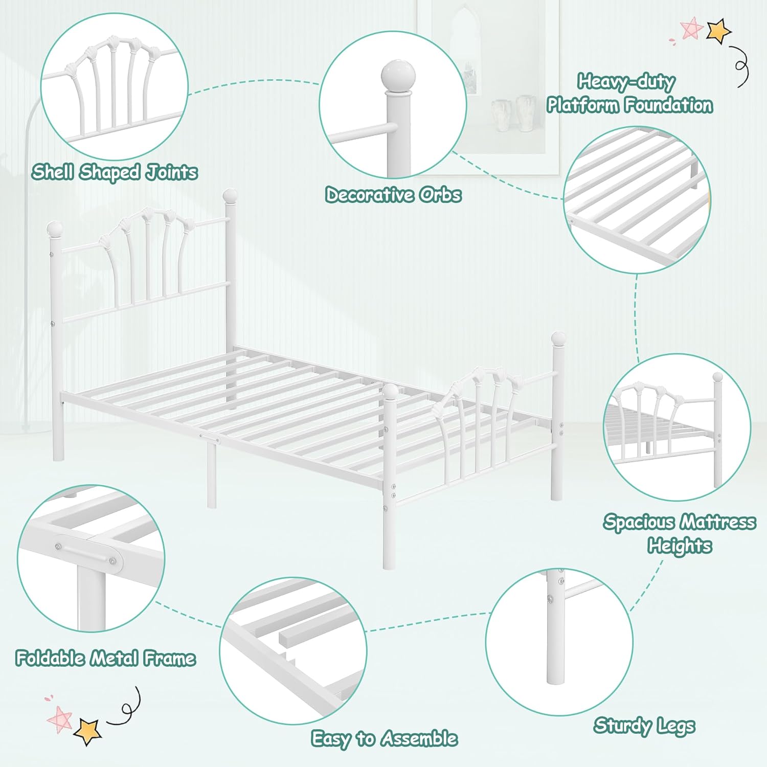 VECELO Twin Size Metal Bed Frame with Shell Headboard and Footboard