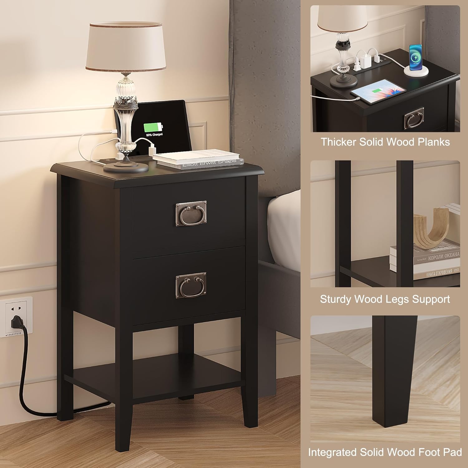 VECELO Nightstand Set of 2 with Charging Station