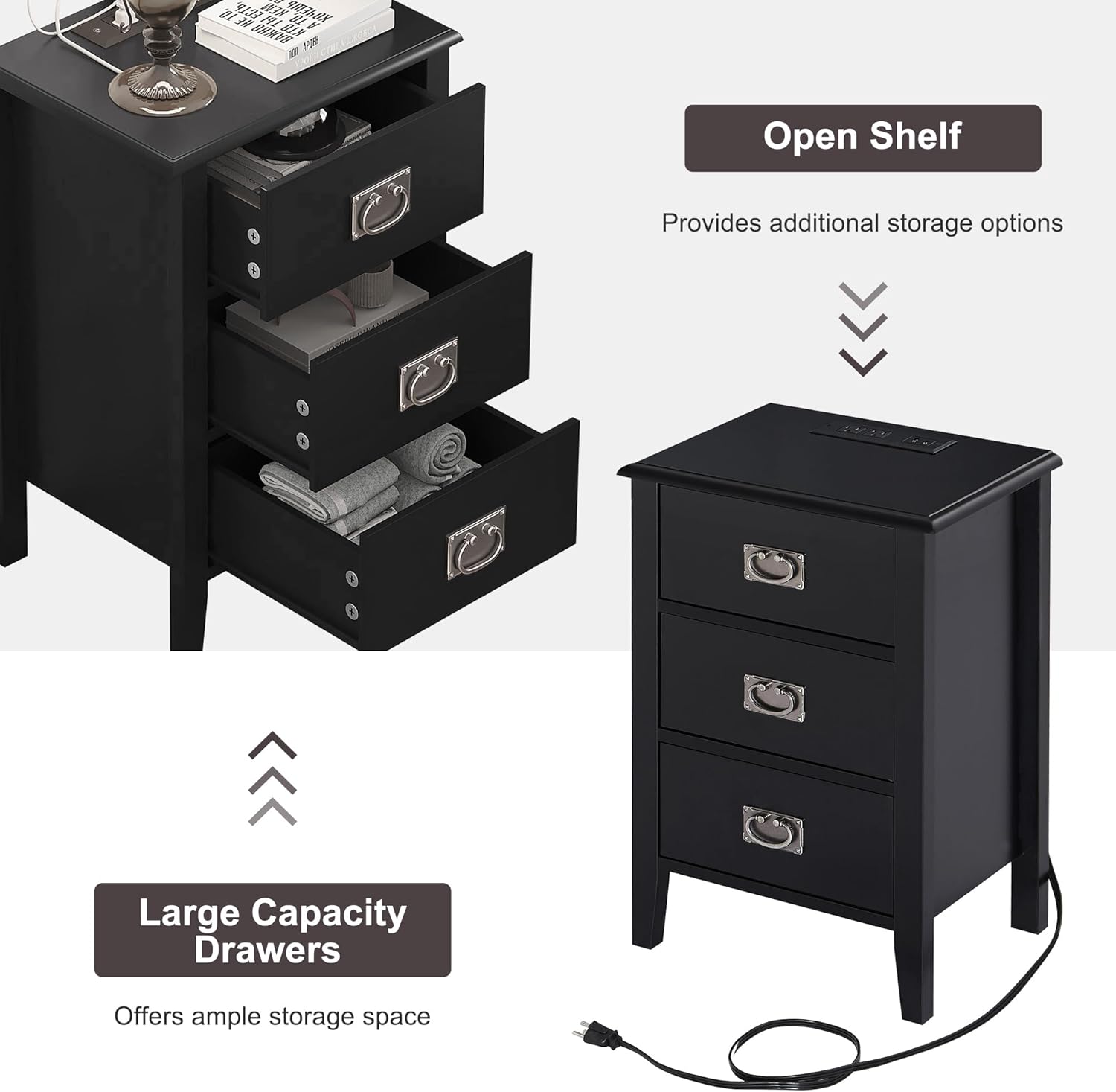 VECELO Nightstand Set of 2 with Charging Station