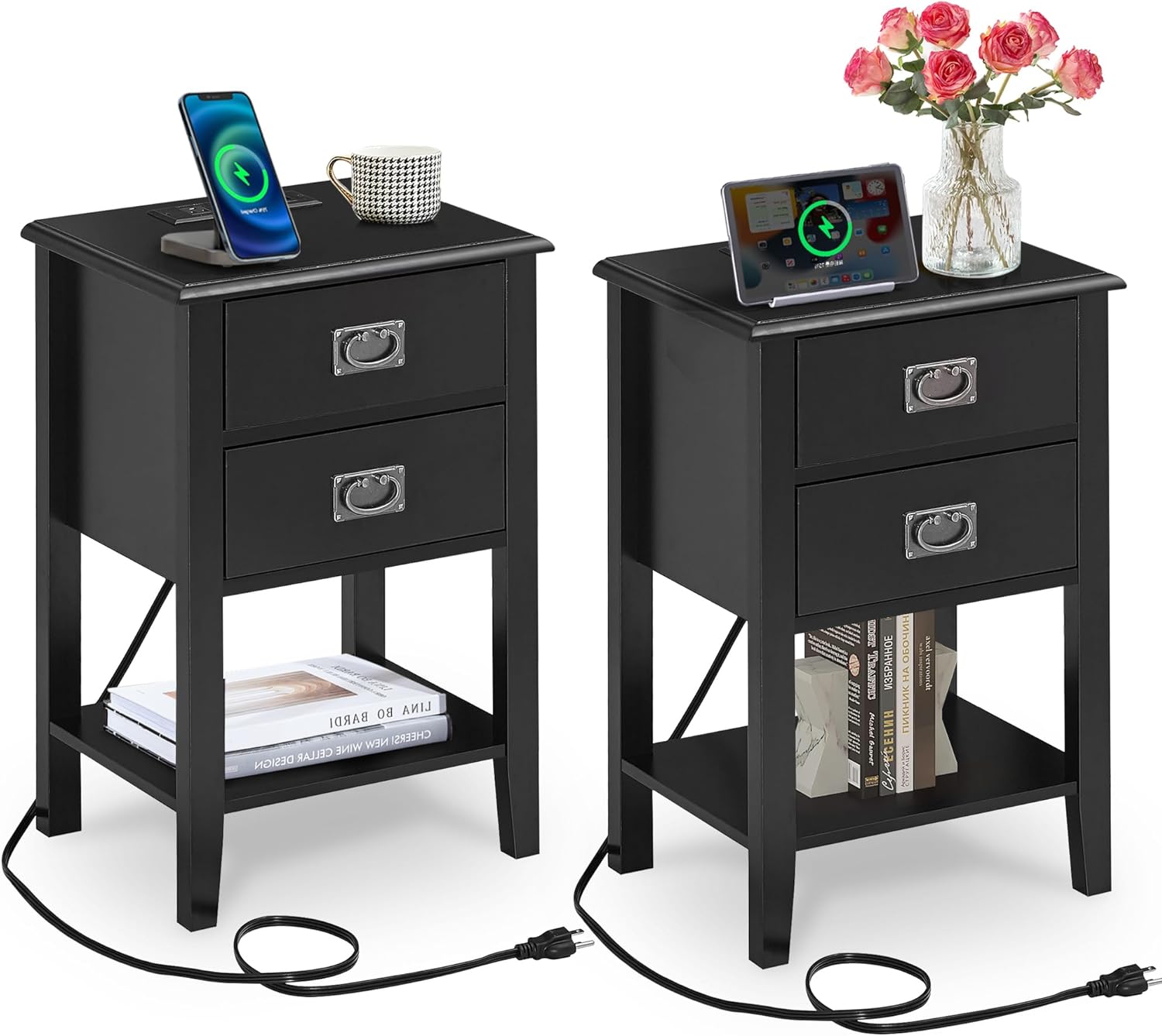VECELO Nightstand Set of 2 with Charging Station