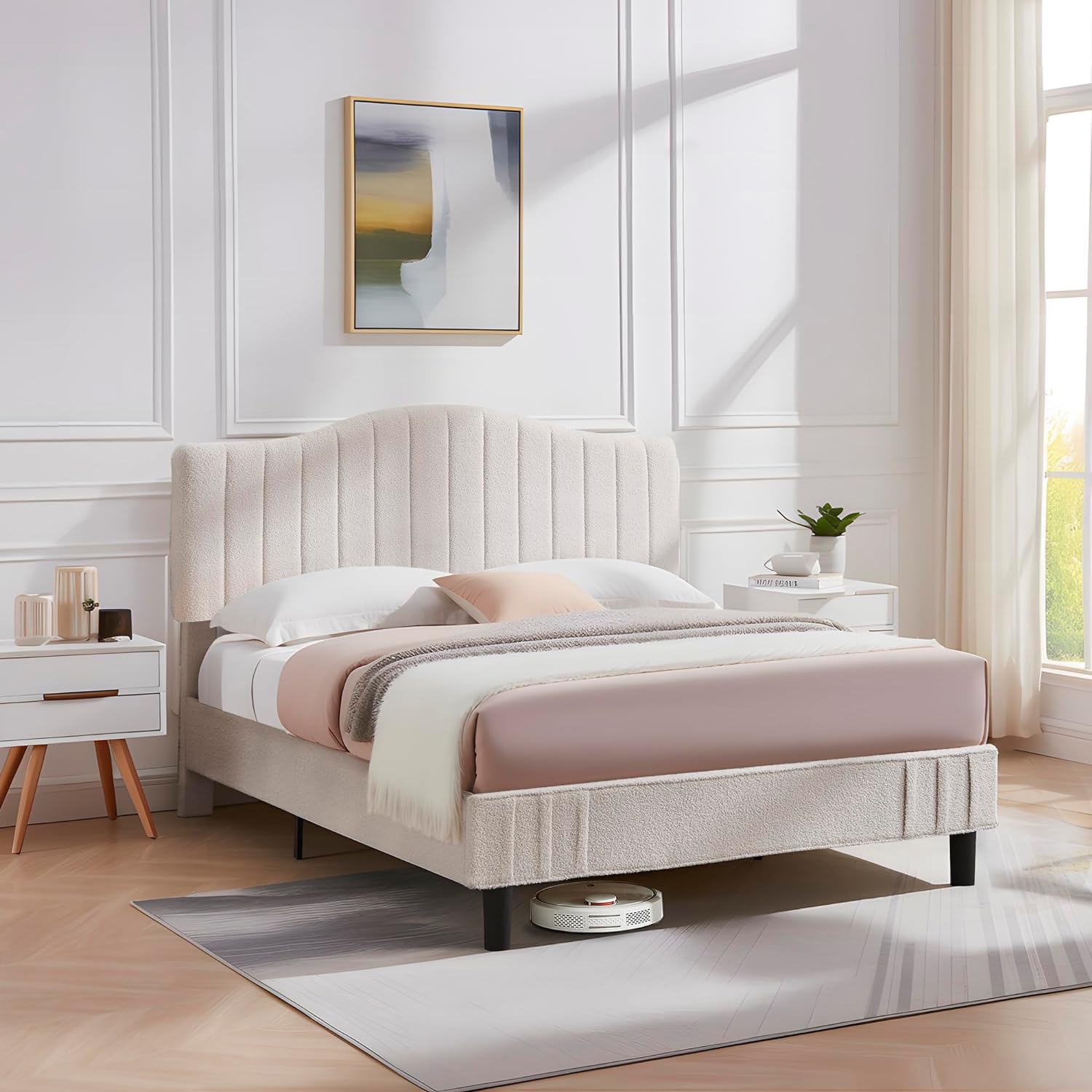 VECELO Upholstered Platform Bed Frame with Sheepskin Fabric Adjustable Headboard/Strong Wood Slats Supports