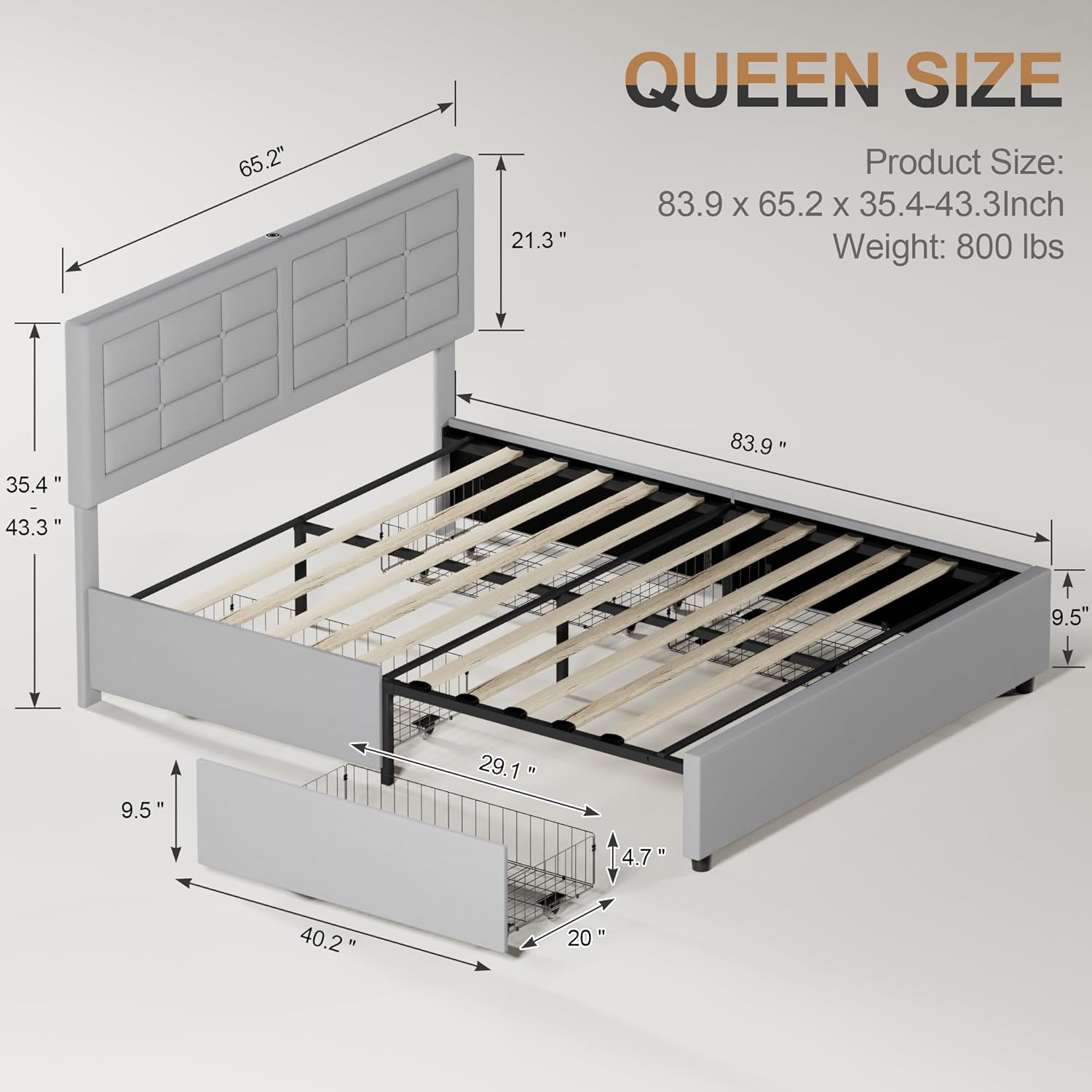 VECELO Bed Frame with 4 Drawers, Adjustable Tufted Button Headboard