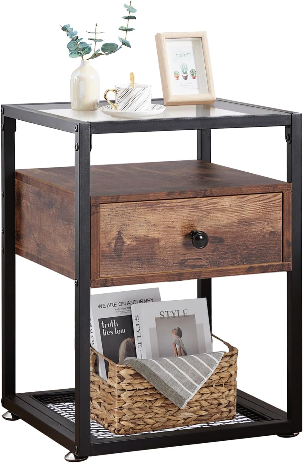 VECELO Nightstands,Glass Top End Tables with Drawer and Shelf - VECELO