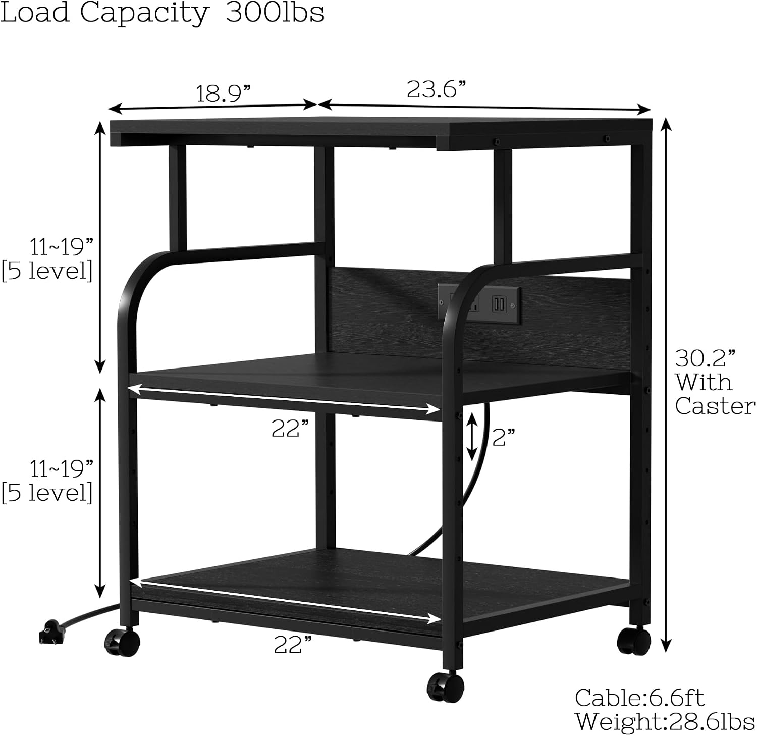 VECELO Adjustable Large Printer Stand with Power Outlet, 3-Tier Heavy Duty Cart on Lockable Wheels