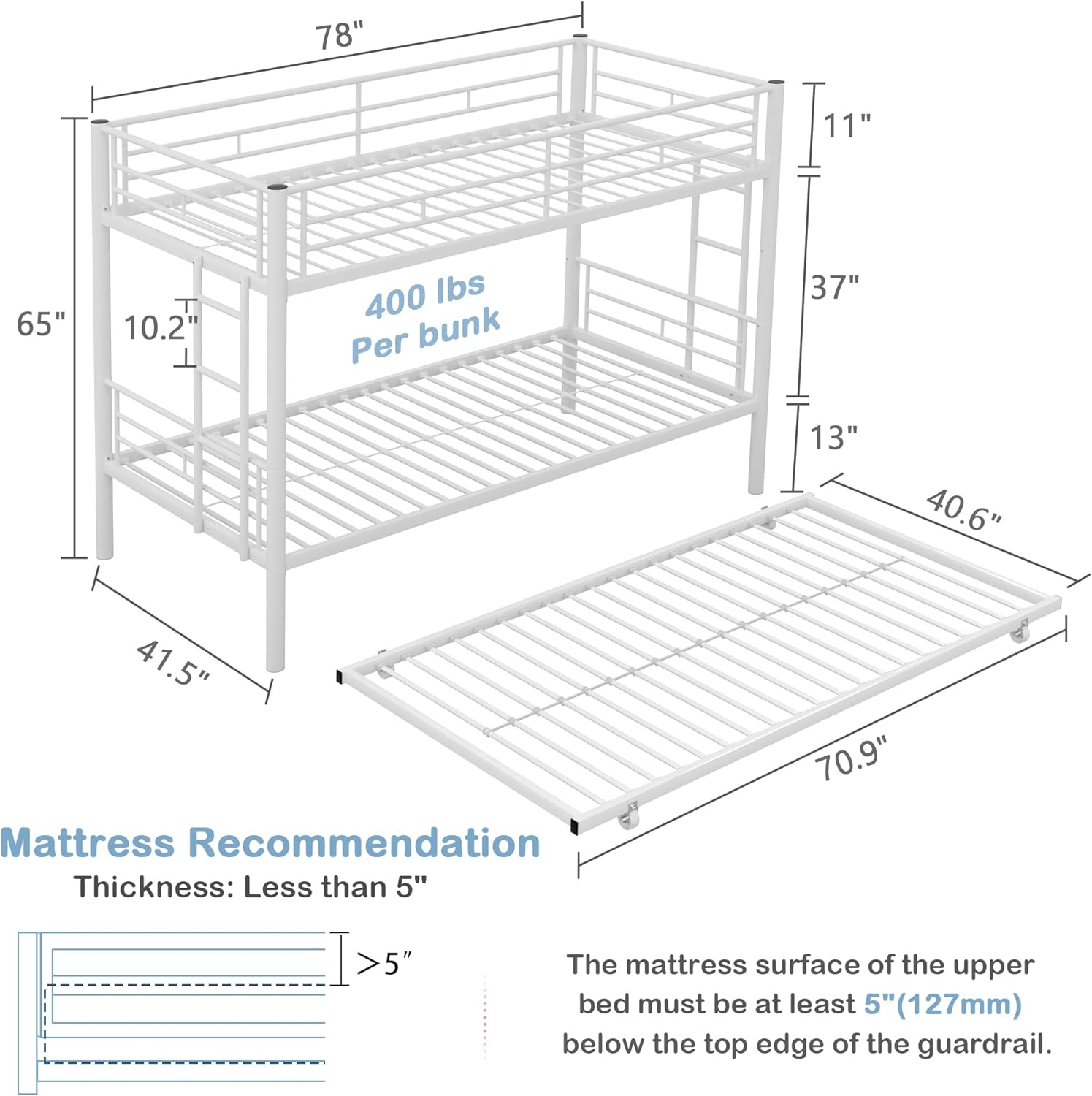 VECELO Bunk Bed Twin Over Twin with Trundle, Metal Bunkbeds with Ladder and Full-Length Guardrail - VECELO
