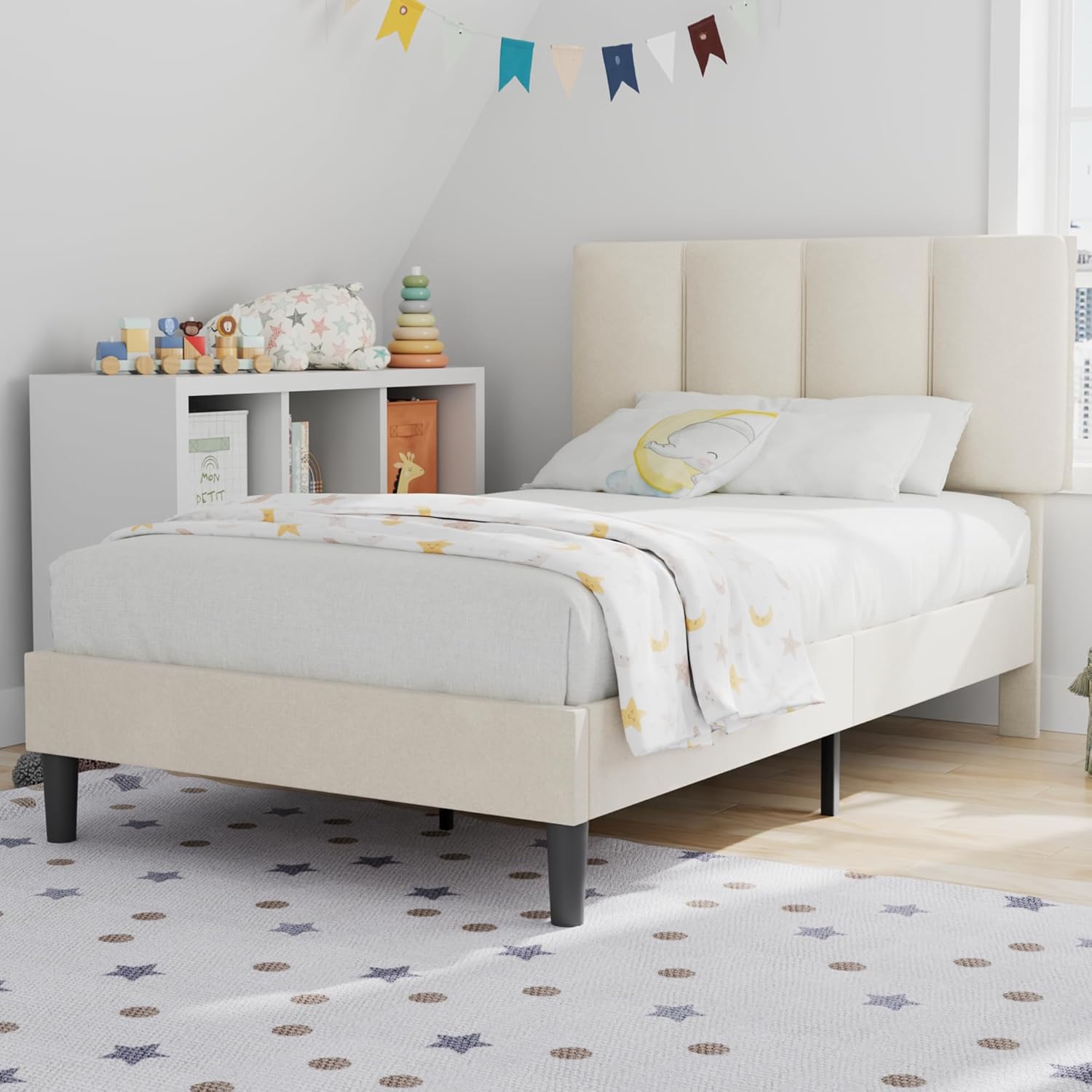 VECELO Modern Upholstered Platform Bedframe, Adjustable Headboard