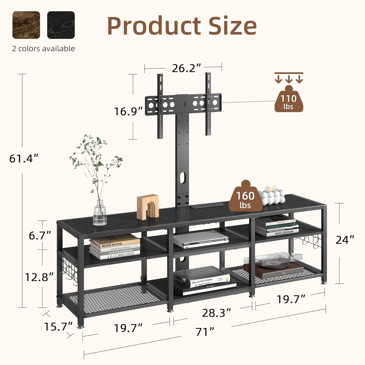 VECELO TV Stand with Mount and Power Outlets