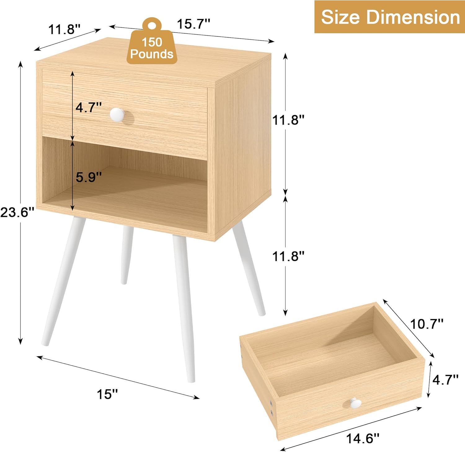 VECELO Nightstands Set of 2, Mid Century Modern End Bedside Table