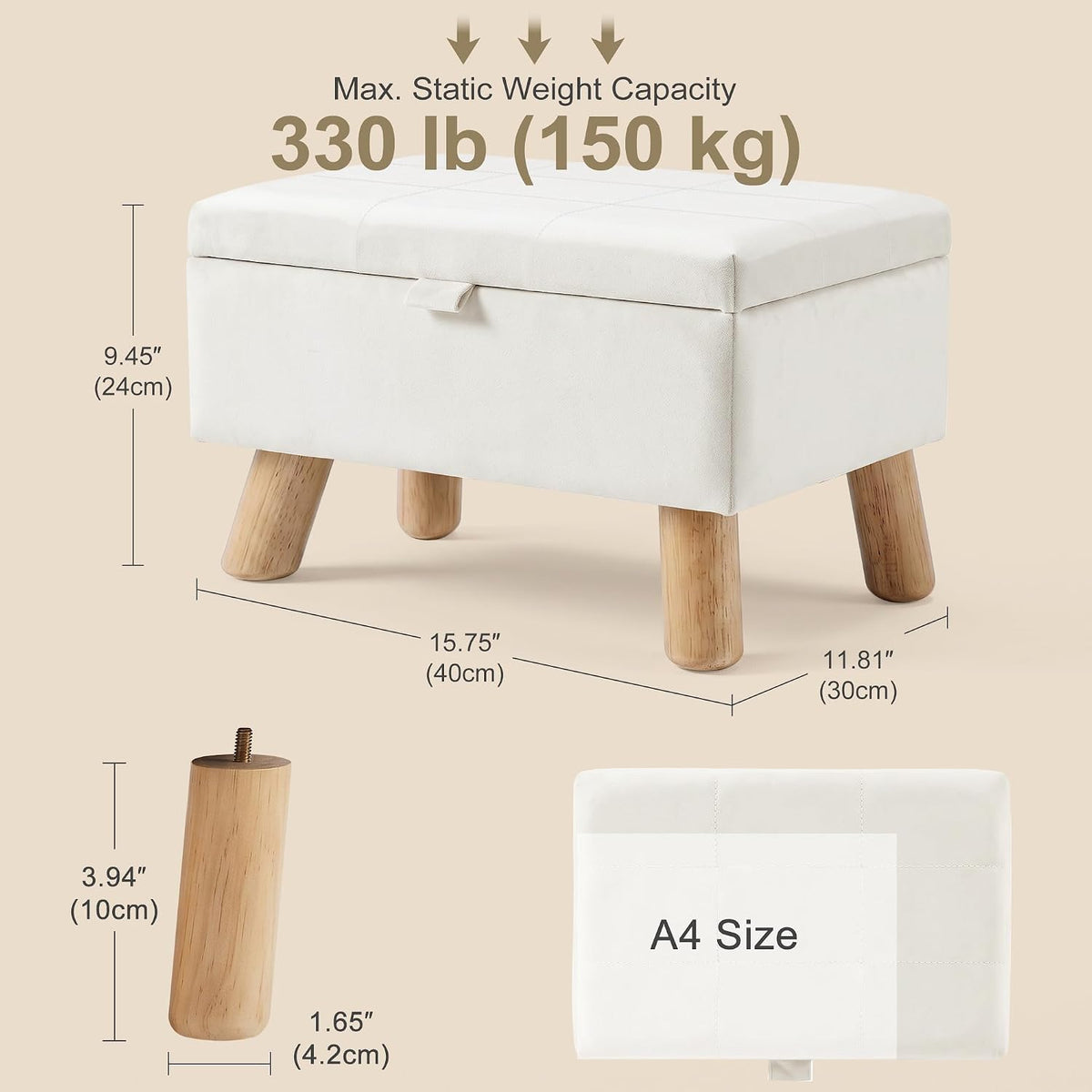 VECELO Storage Ottoman Under Desk  Small Foot Stool with Wood Legs