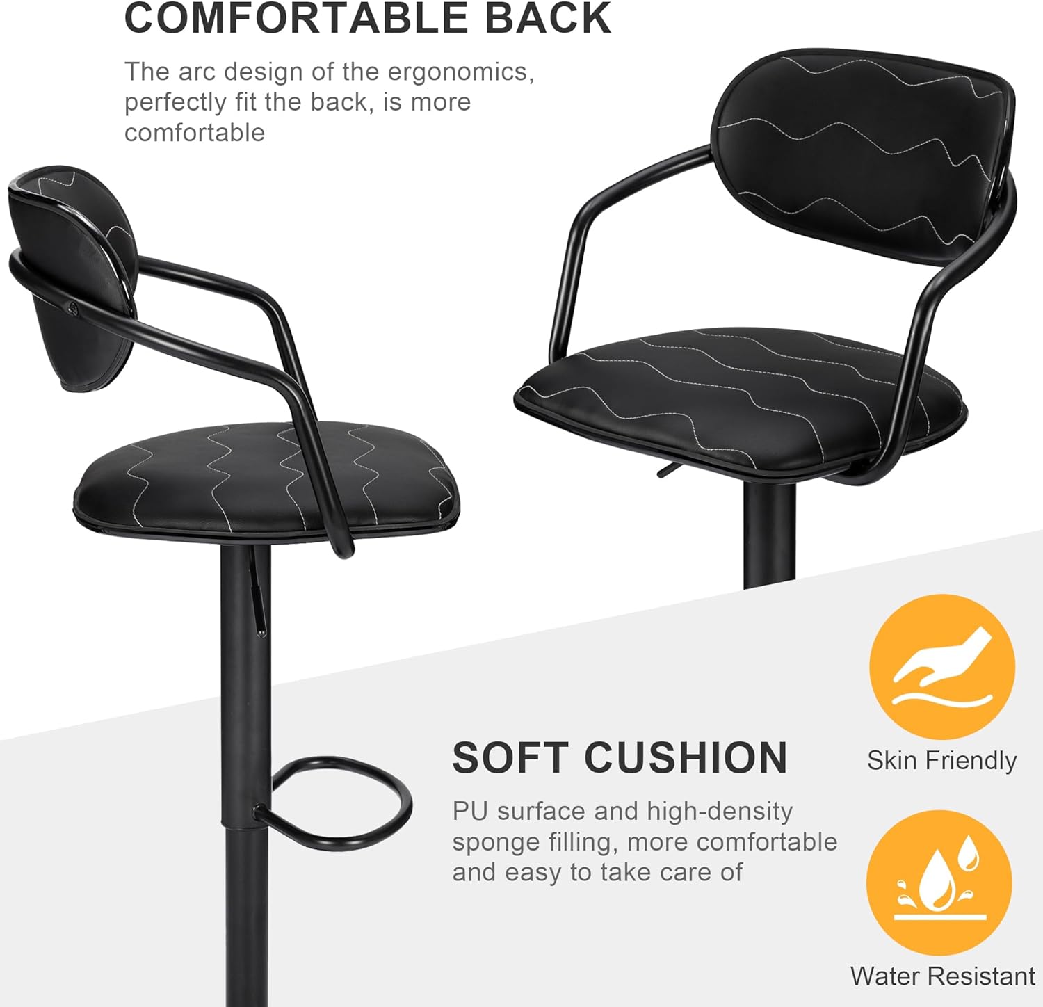 VECELO Bar Stools Set of 2, Adjustable Counter Height Barstools with Back and Arm - VECELO