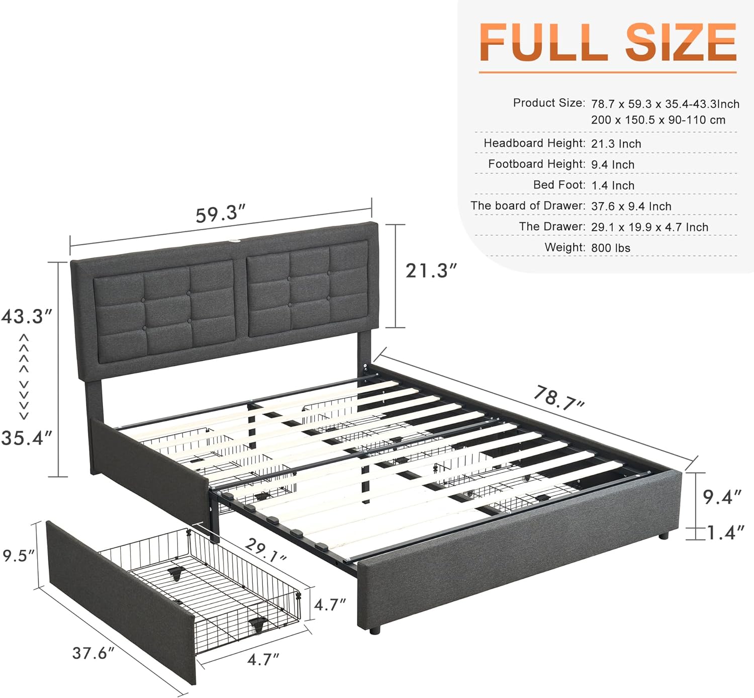 VECELO Bed Frame with 4 Drawers, Adjustable Tufted Button Headboard - VECELO