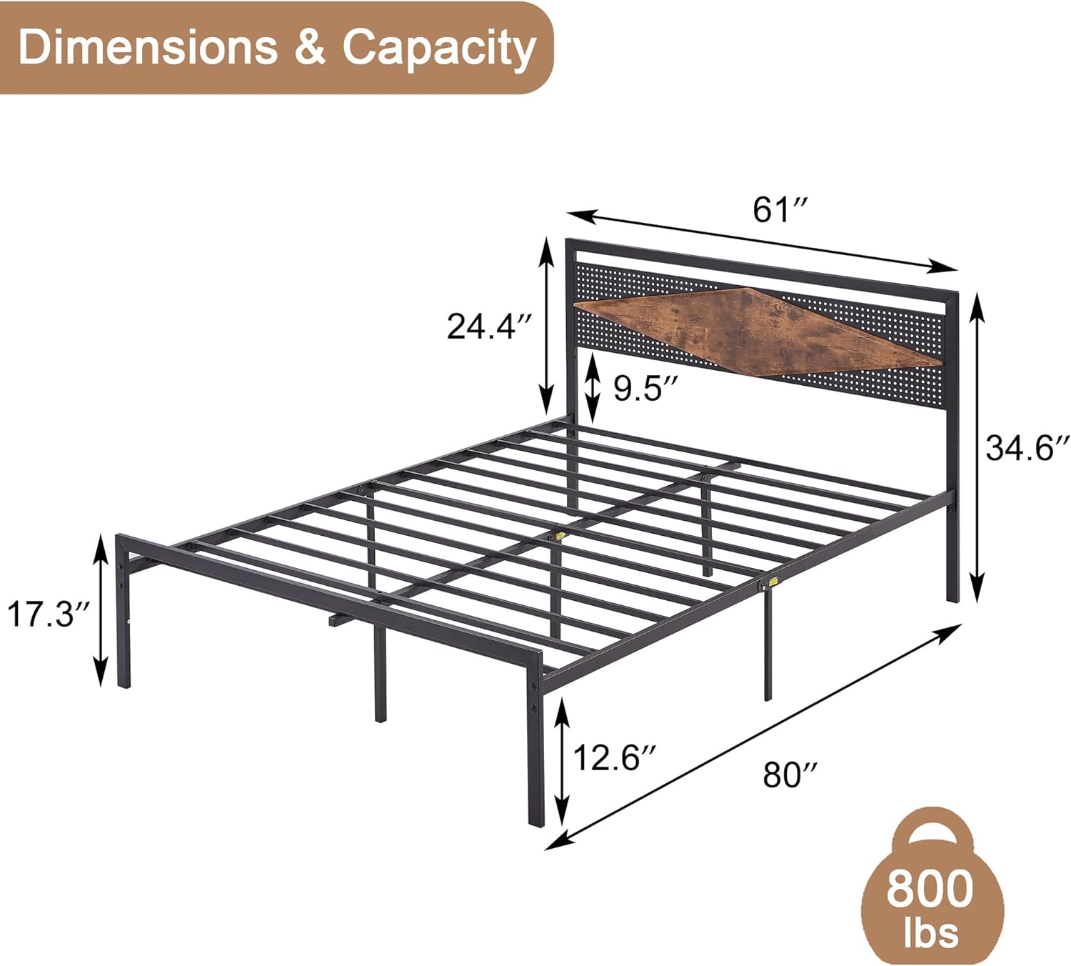 VECELO Metal Bed Frame Platform with Wood Grain Headboard&Footboard