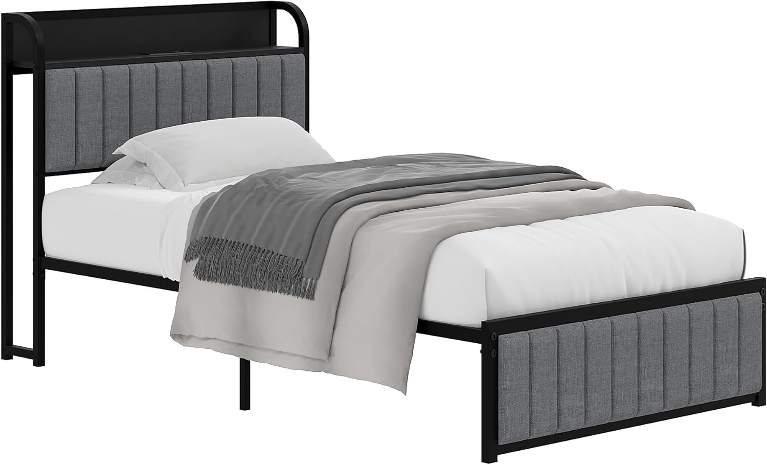 VECELO Twin Bed Frame, Storage Upholstered Headboard with Charging Station