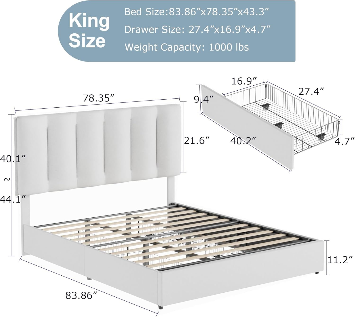 VECELO Upholstered Bed Frame with 4 Storage Drawers and Adjustable Velvet Headboard