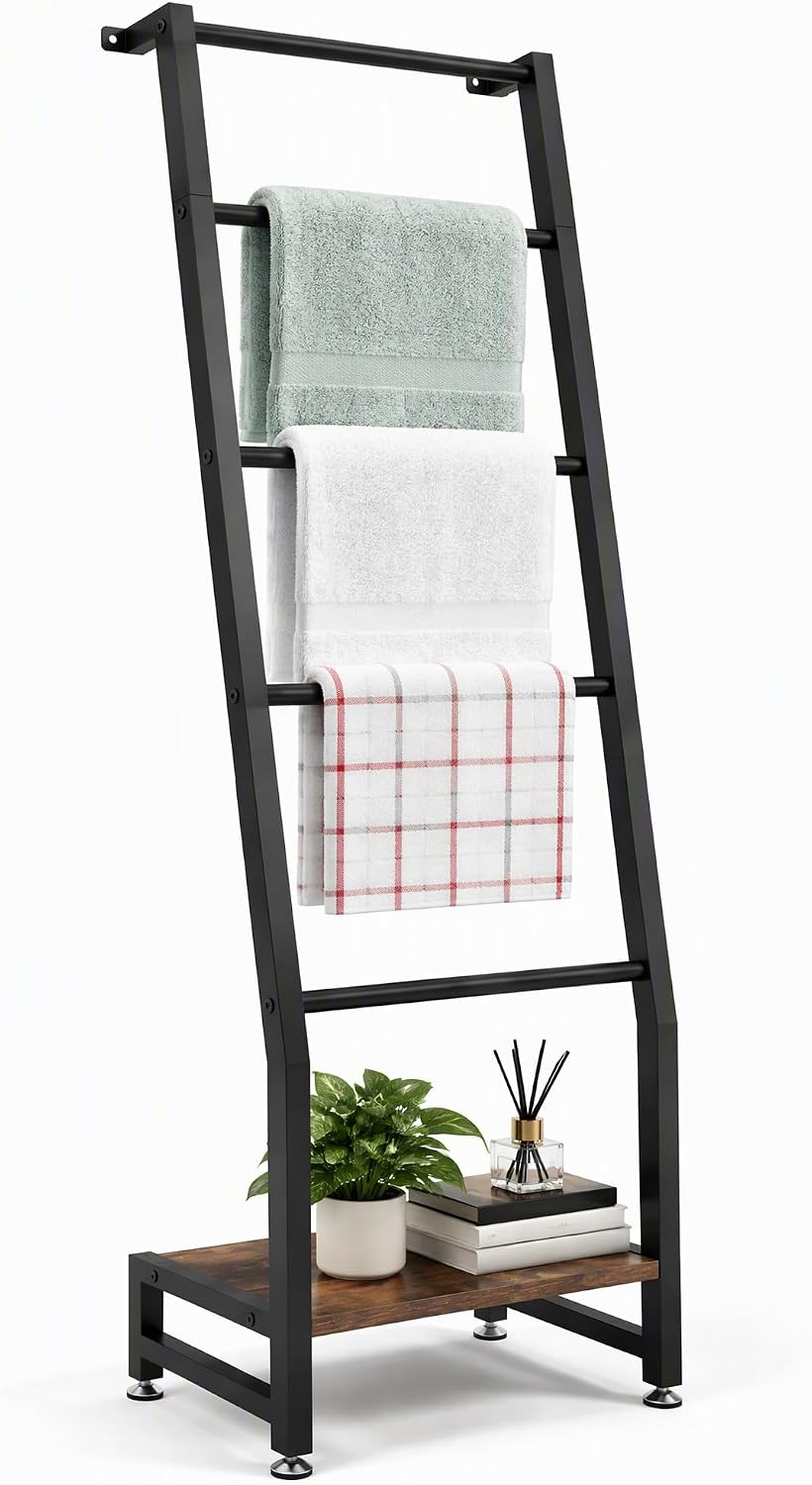 VECELO Blanket Ladder 5‑Tier Metal Ladder Shelf with Bottom Storage Shelf for Living Room and Bedroom