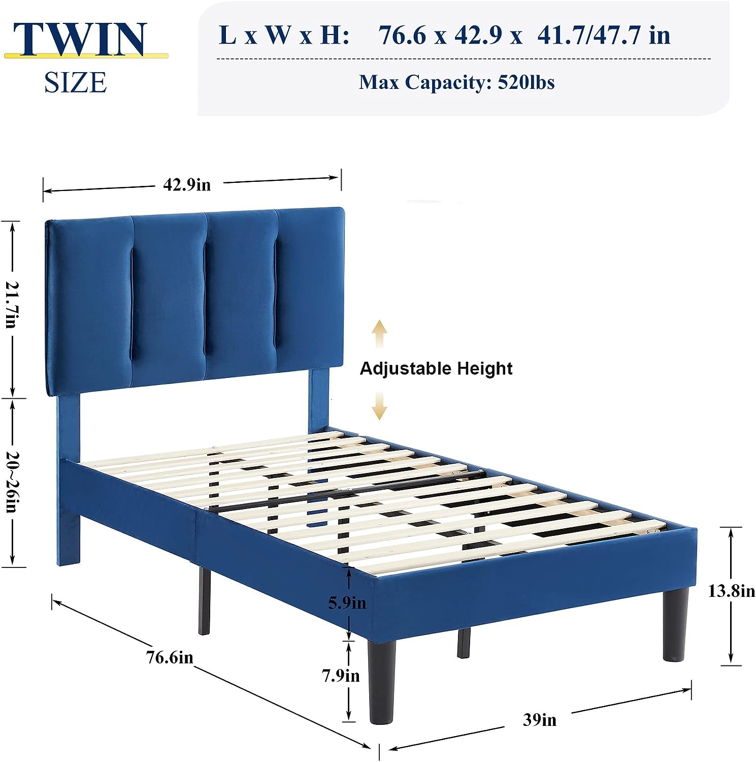 VECELO Modern Upholstered Platform Bedframe, Adjustable Headboard