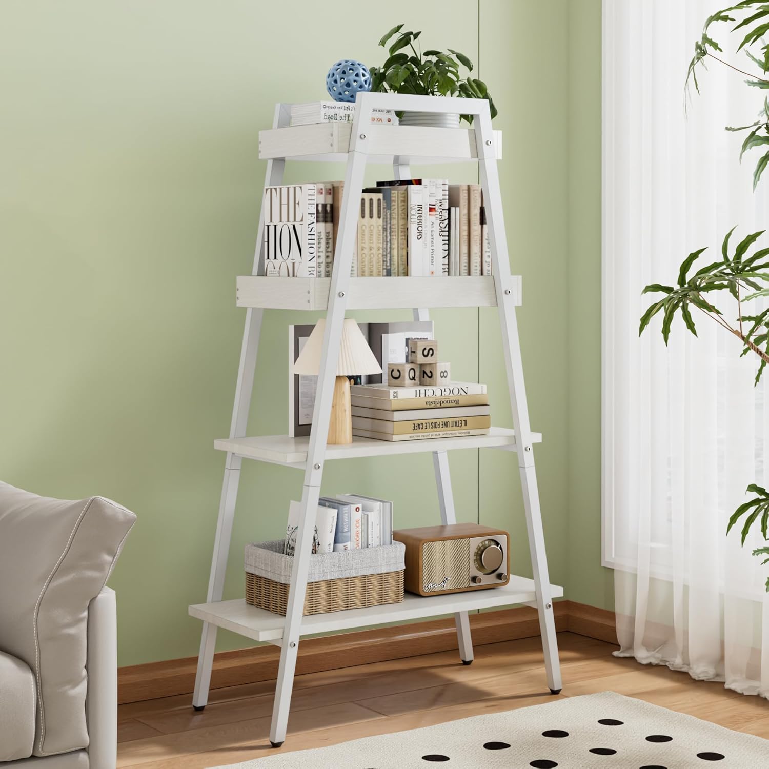 VECELO Ladder Shelf/Display Shelf 4 Tier Storage Bookcase Rack Wood & Steel - VECELO