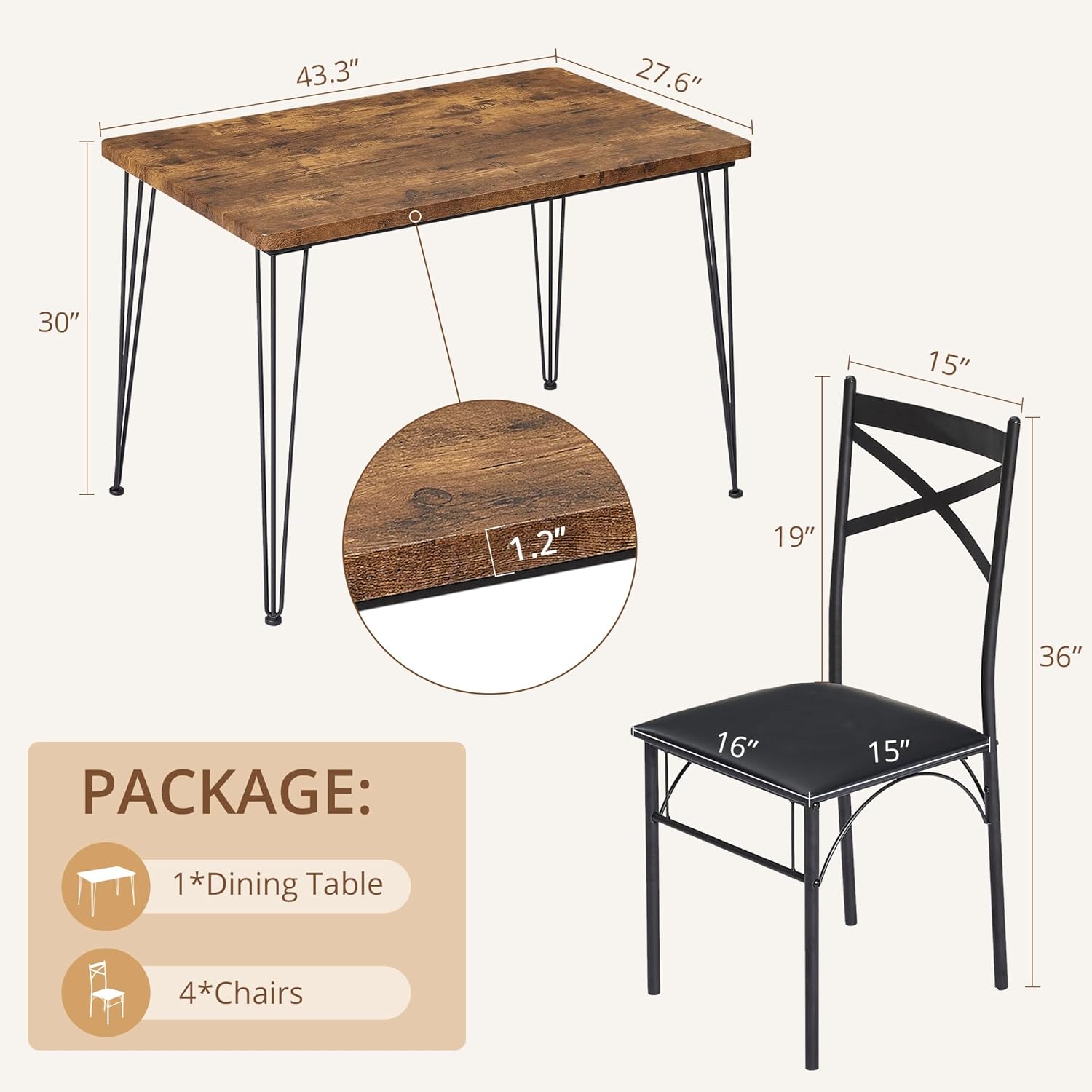 VECELO 5-Piece Modern Rectangular Dining Table Set