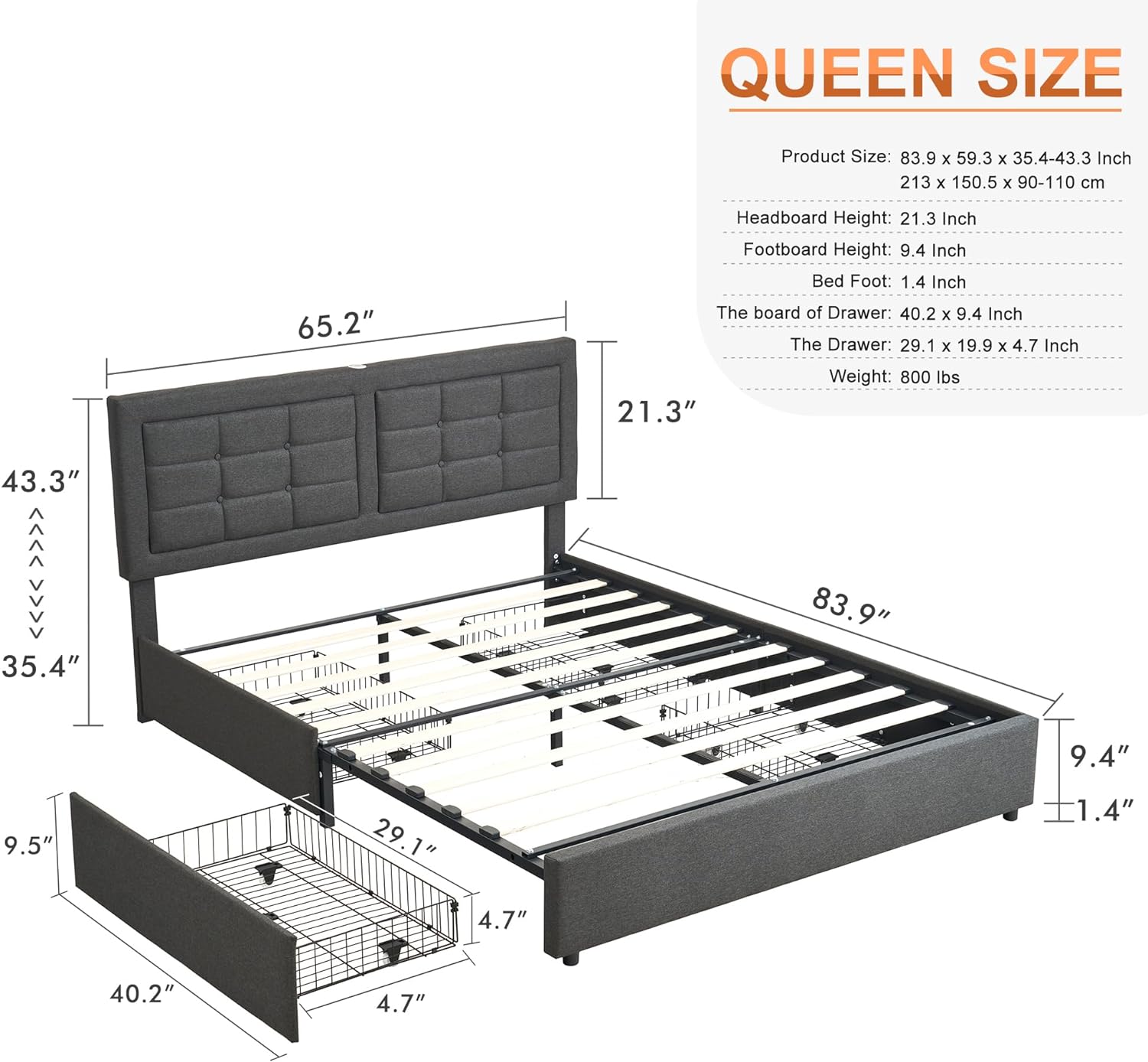 VECELO Bed Frame with 4 Drawers, Adjustable Tufted Button Headboard - VECELO