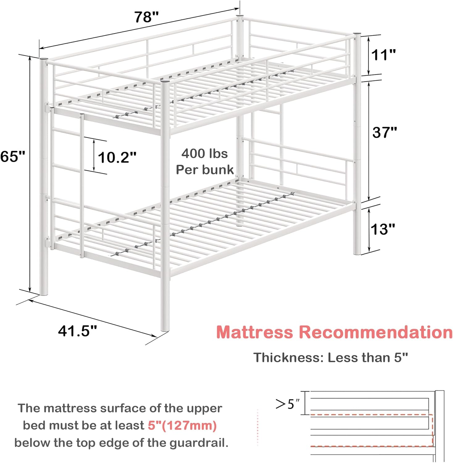 VECELO Metal Bunk Bed Twin Over Twin, Industrial Bunkbeds with Ladder and Full-Length Guardrail