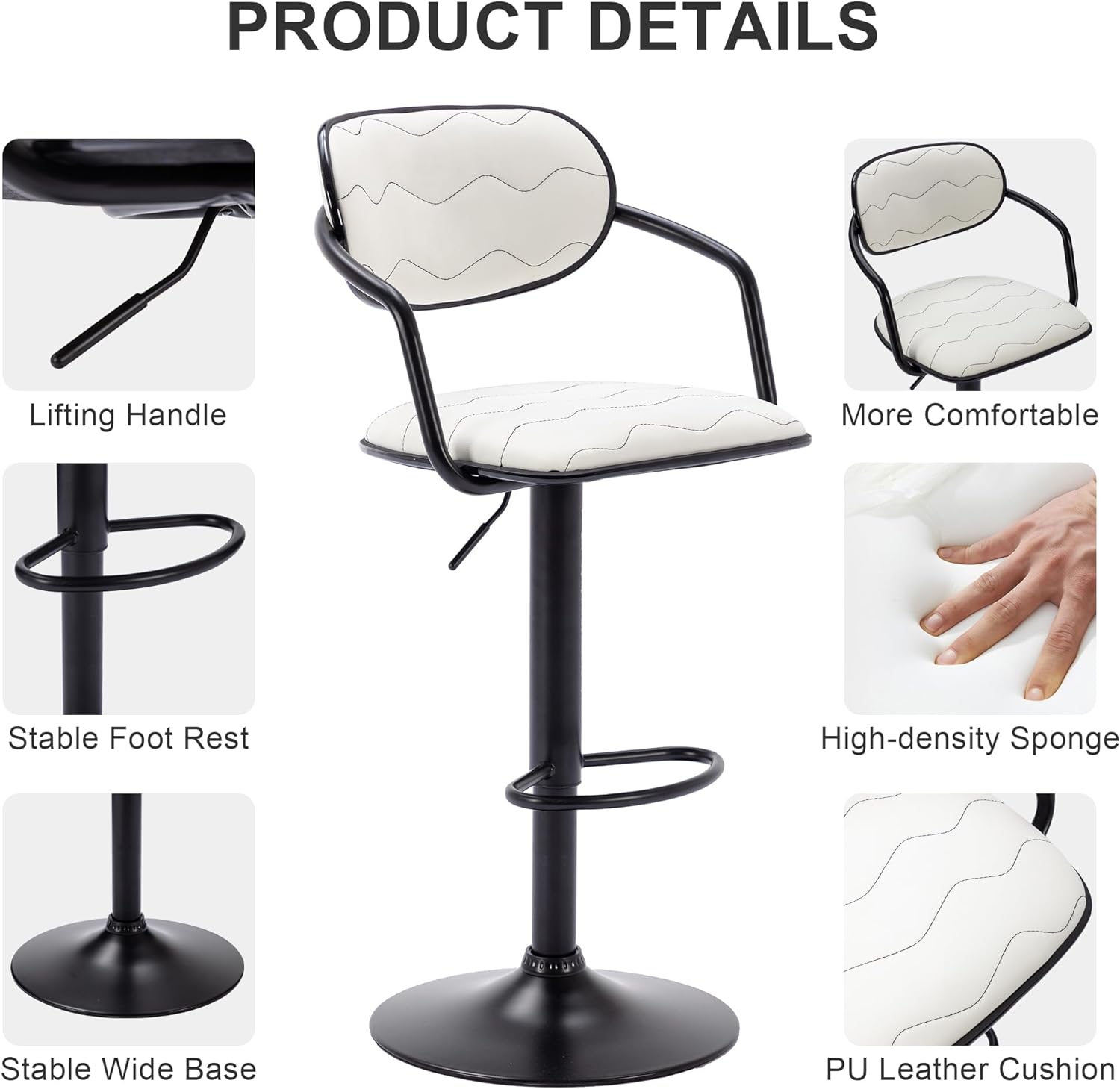 VECELO Bar Stools Set of 2, Adjustable Counter Height Barstools with Back and Arm - VECELO