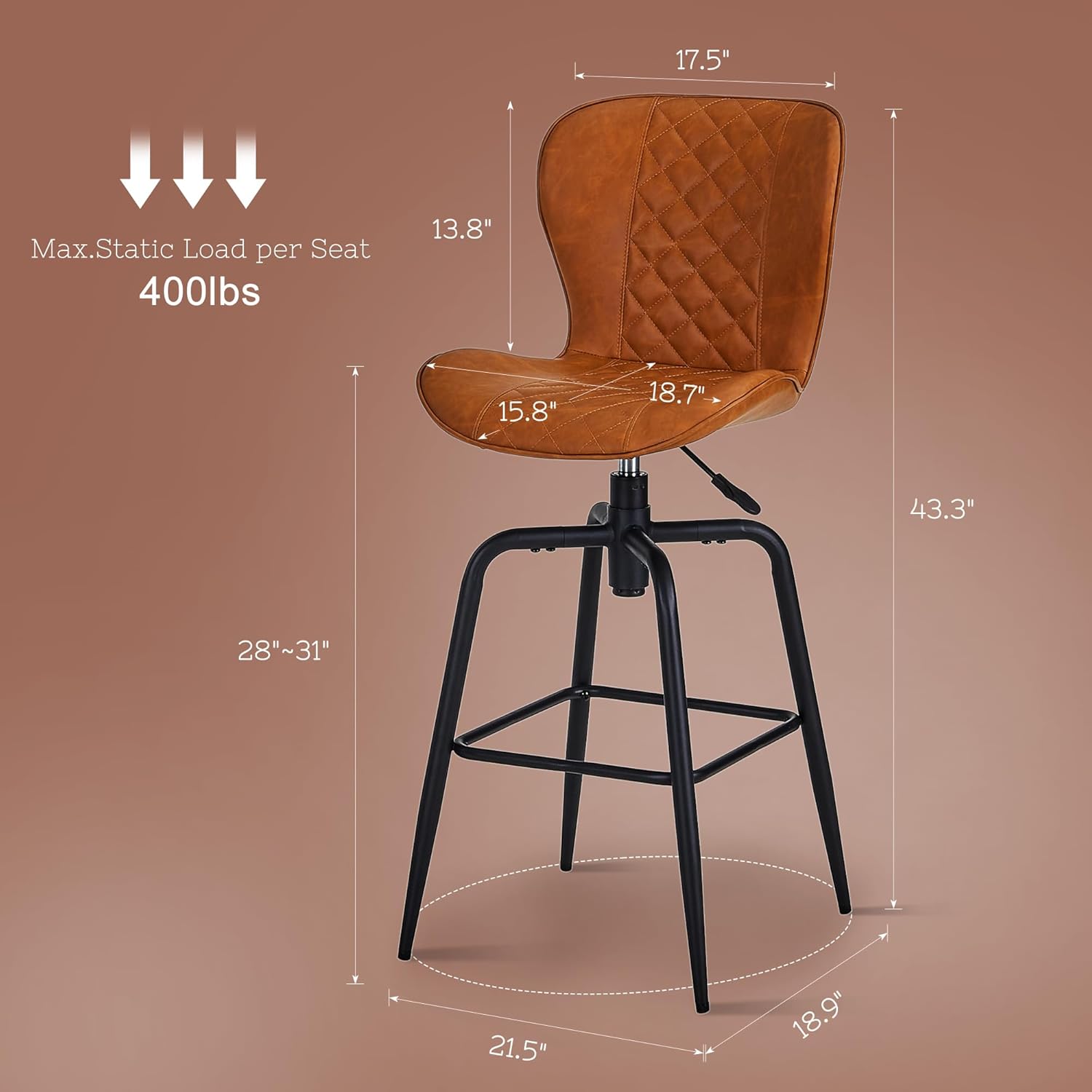 VECELO Quilted Bar Stools Set of 2, Adjustable Bar Height Swivel Bar Stools with Back