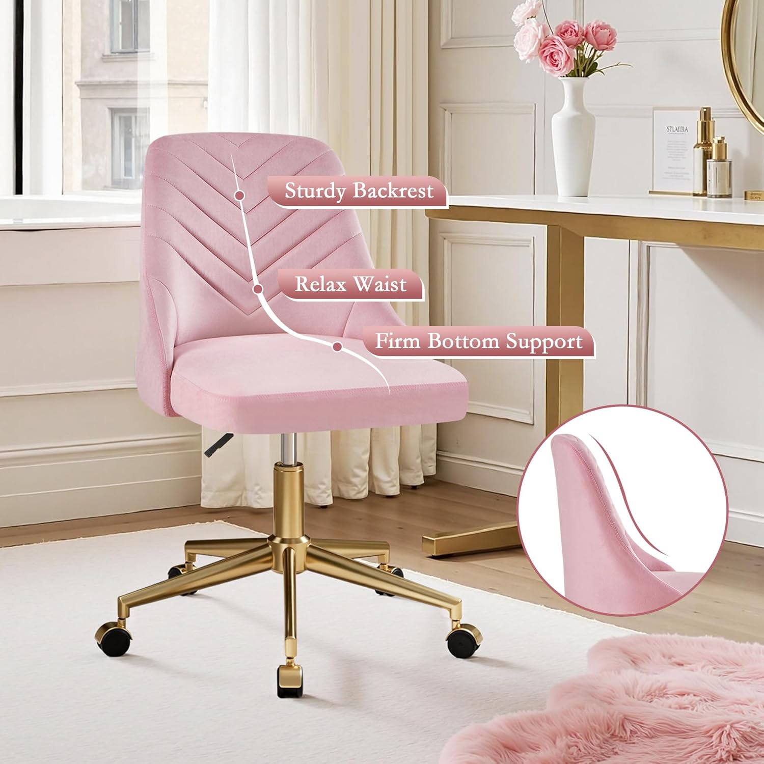 VECELO Velvet Vanity Desk Chair with Height-Adjustable