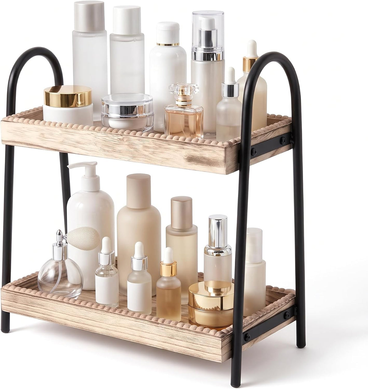 VECELO Bathroom Counter Organizer  Wood Bead Makeup Organizer Countertop