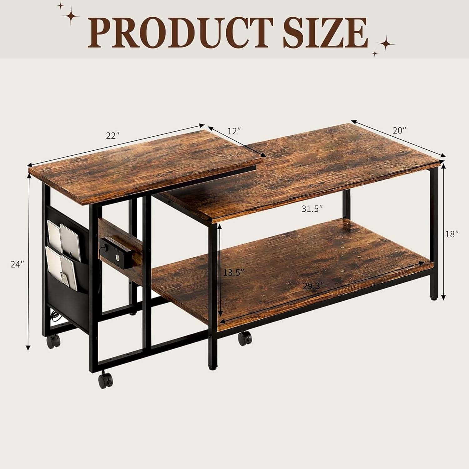 VECELO Coffee Table, Adjustable Coffee Table Set of 2 with End Table for Living Room - VECELO