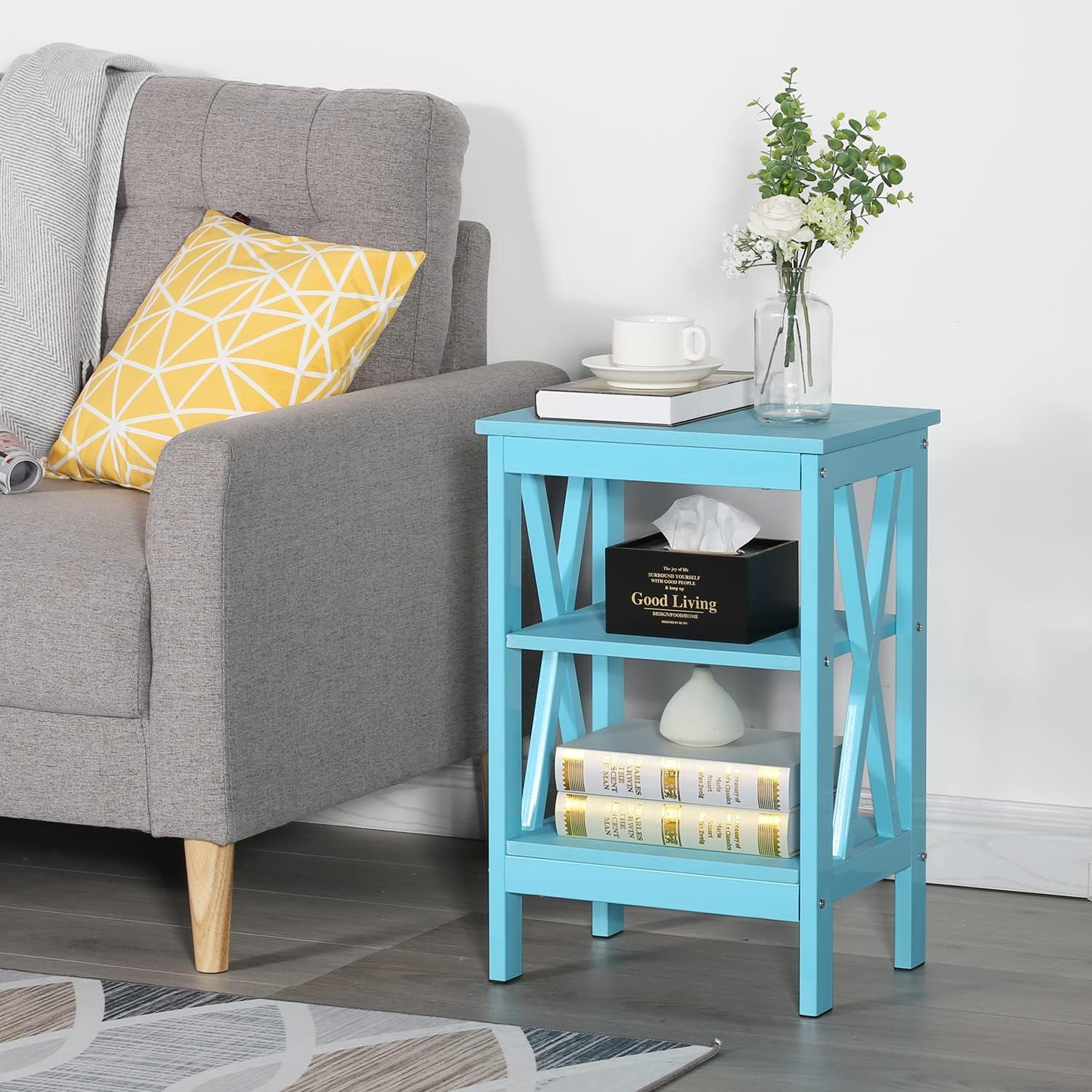 VECELO Modern Nightstand/Side End Table with X-Design Frame & 2-Tiers Open Storage Shelf for Bedroom/Living Room