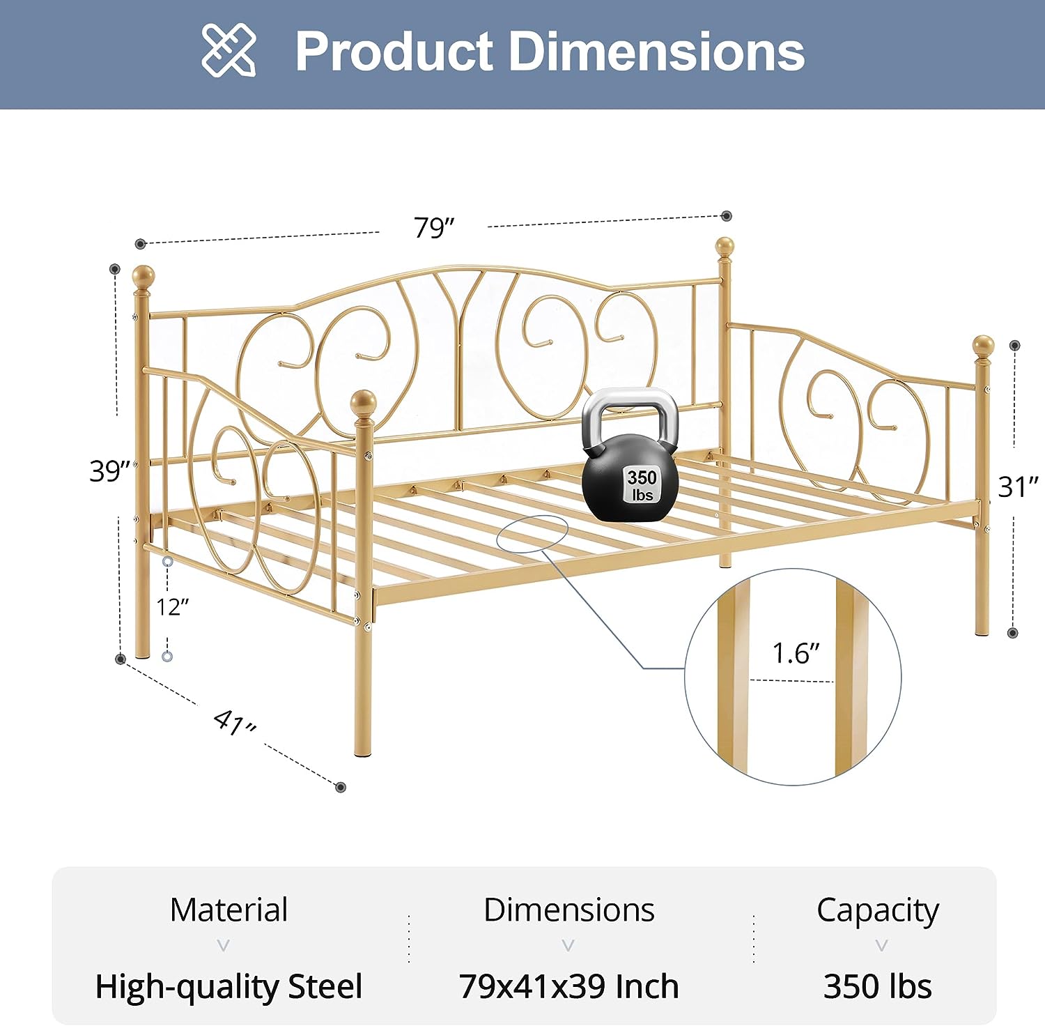 VECELO Metal Daybed Frame Multifunctional Platform Bed Sofa Mattress Foundation with Deluxe Headboard, Black