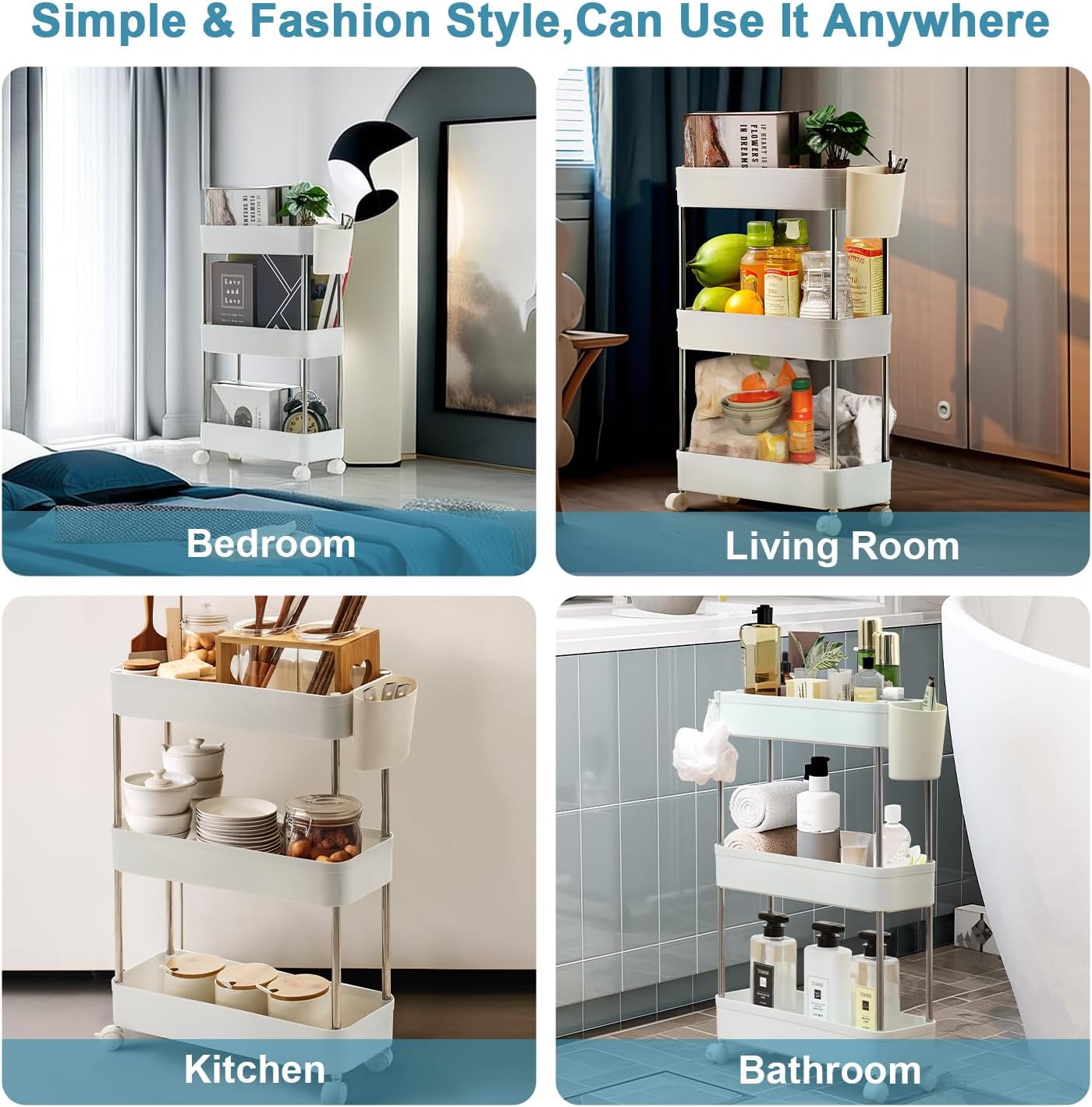 VECELO 3-Tier Storage Cart Utility Rolling Cart, Mobile Shelving Slim Unit Organizers with 360°Wheels Hooks&Hanging Cups