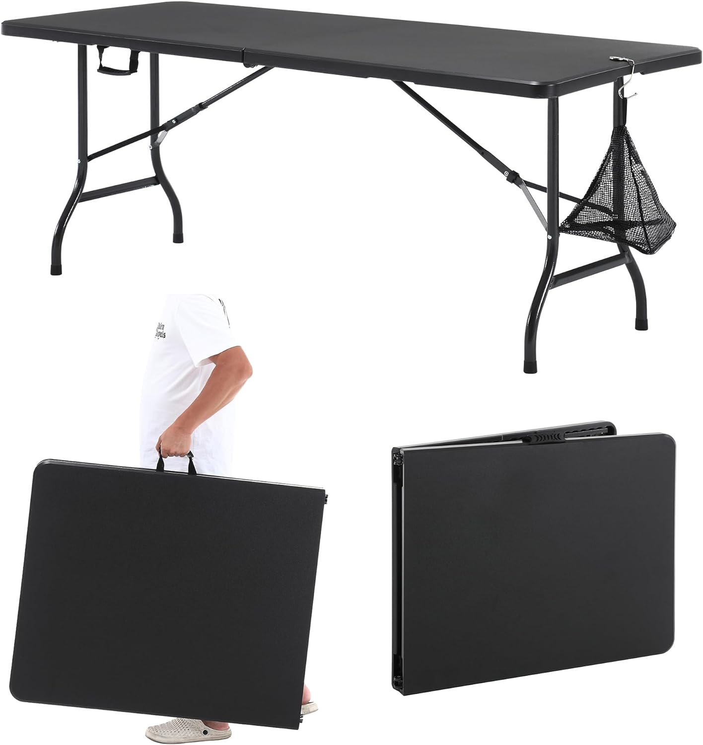 VECELO 6Ft Plastic Folding Table Heavy Duty Indoor Outdoor Portable Picnic Foldable Desk with Handle Mesh Trash Bag&Lock Legs - VECELO