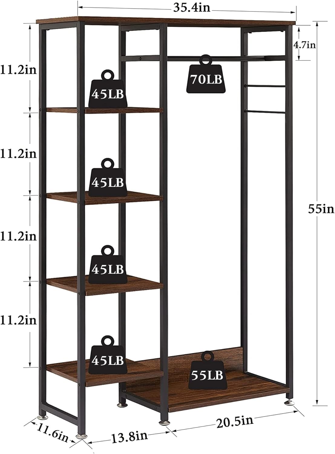 VECELO Open Garment Clothing Rack, Free-Standing Heavy Duty Storage Closet with 5 Shelves and Hanging Rod - VECELO